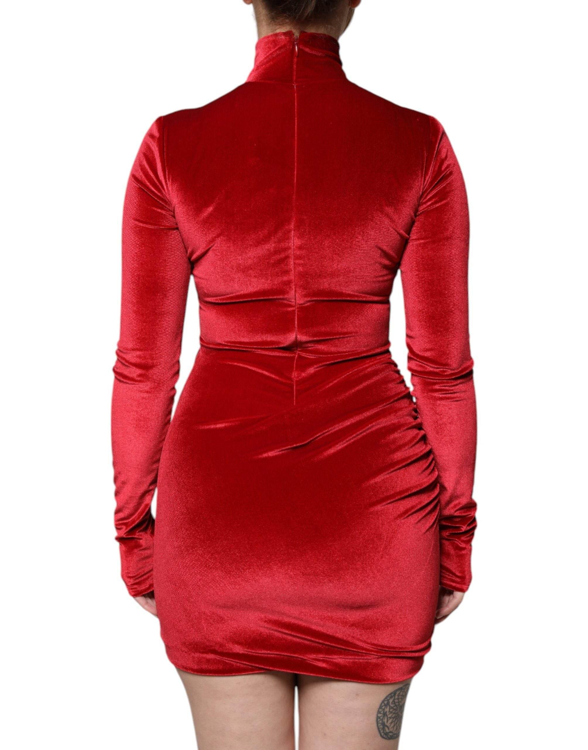 Dolce & Gabbana Red Velvet Long Sleeves Bodycon Mini Dress - Hilstor