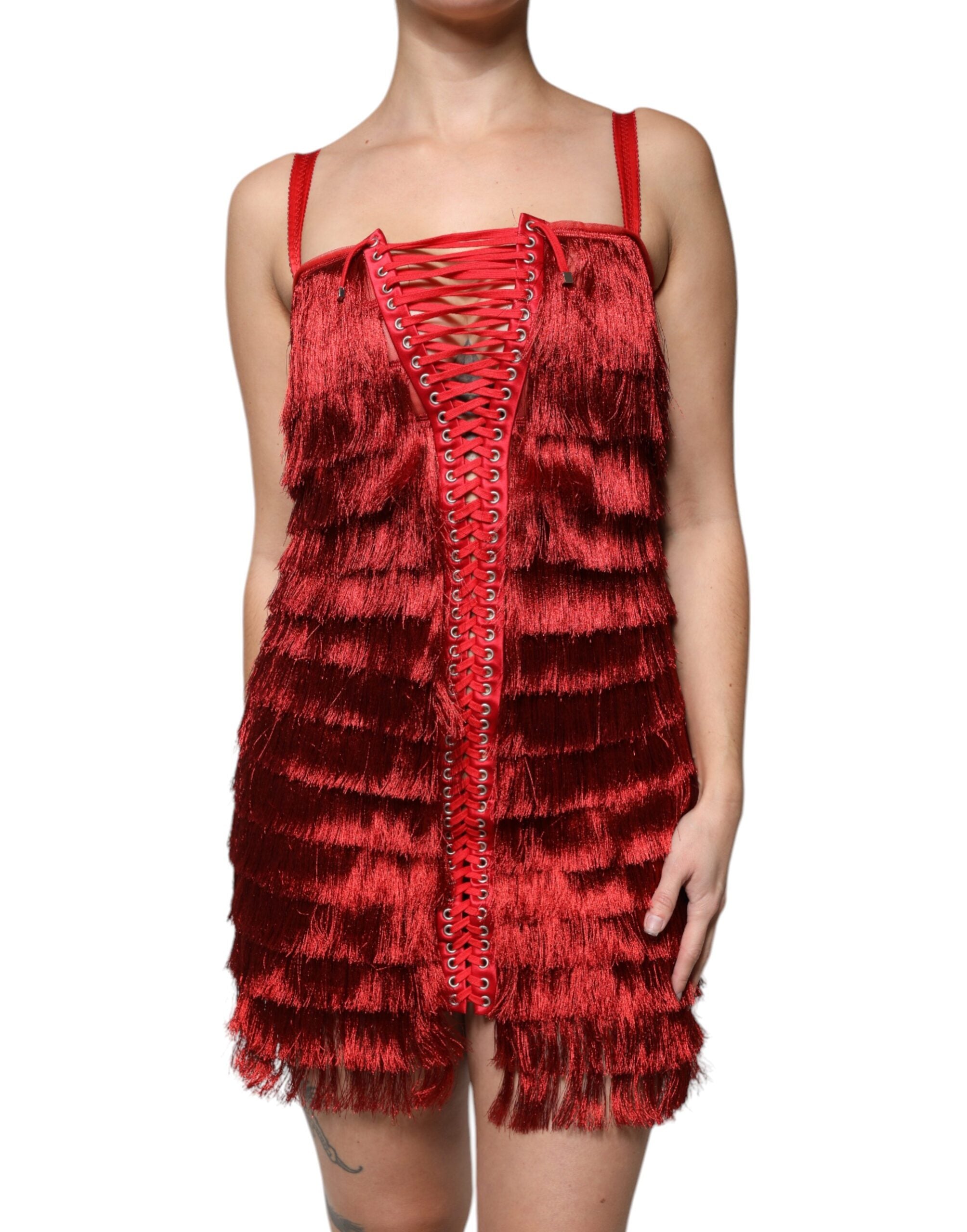 Dolce &amp; Gabbana Red Lace Tassel Ærmeløs Skede Mini Kjole