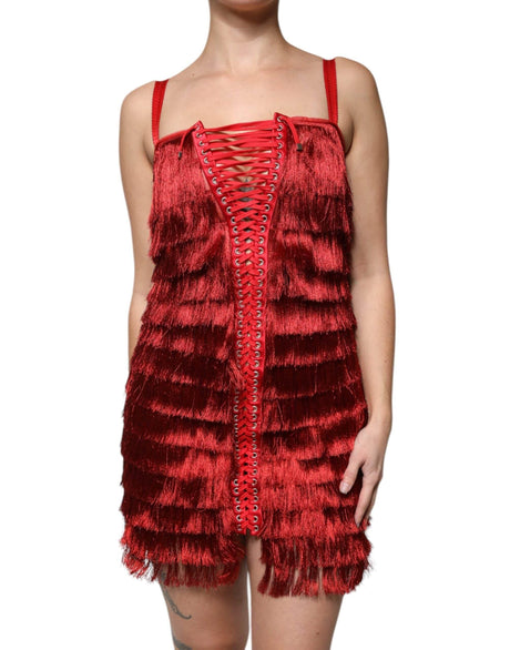 Dolce & Gabbana Red Lace Tassel Sleeveless Sheath Mini Dress - Hilstor
