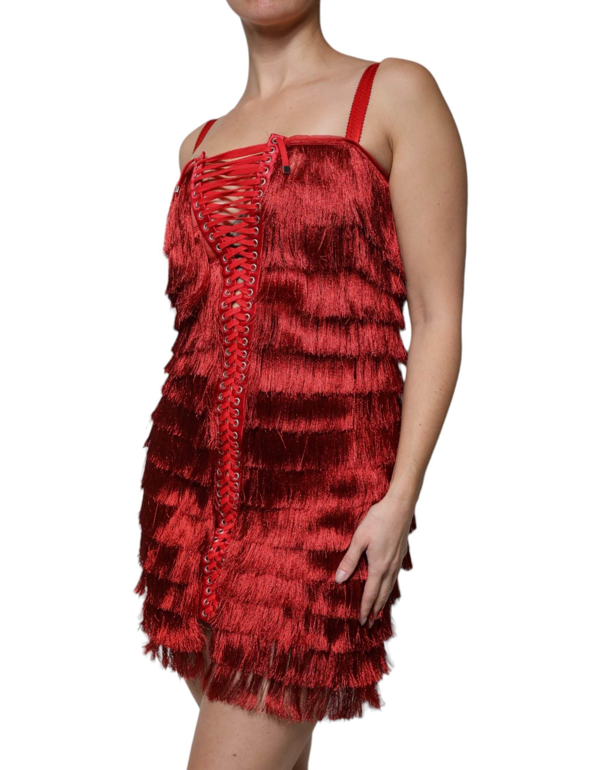 Dolce & Gabbana Red Lace Tassel Sleeveless Sheath Mini Dress - Hilstor