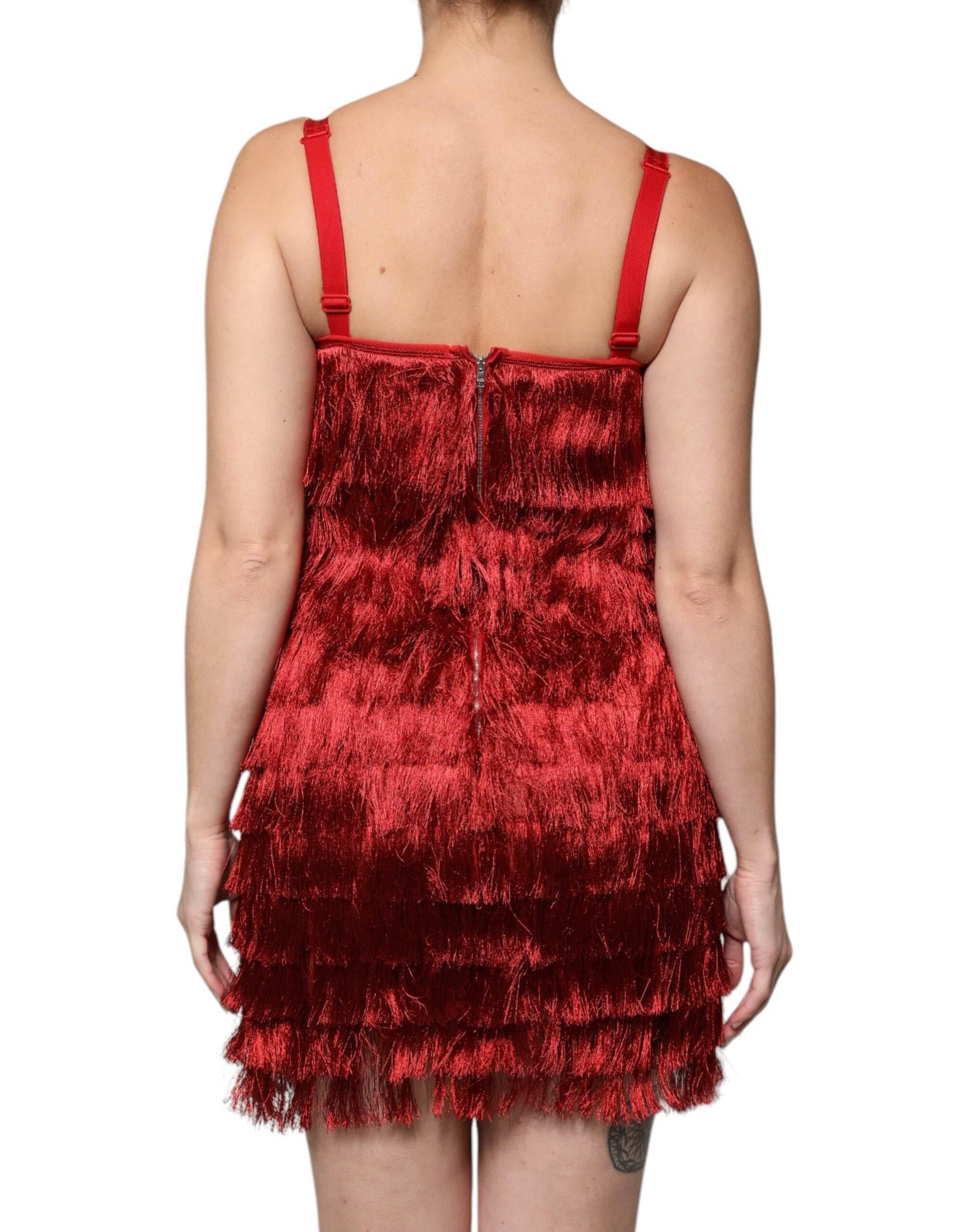 Dolce & Gabbana Red Lace Tassel Sleeveless Sheath Mini Dress - Hilstor