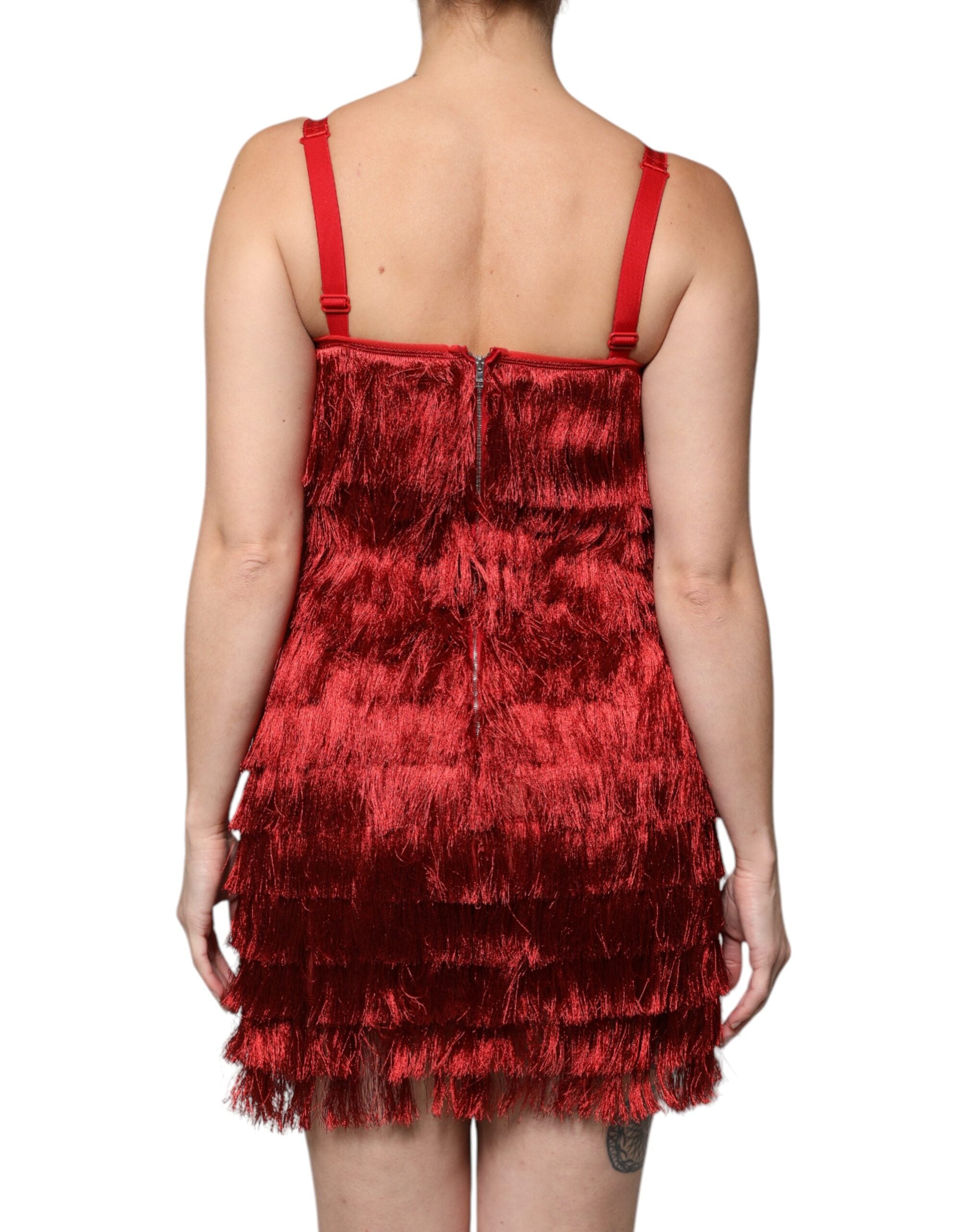 Dolce &amp; Gabbana Red Lace Tassel Ærmeløs Skede Mini Kjole
