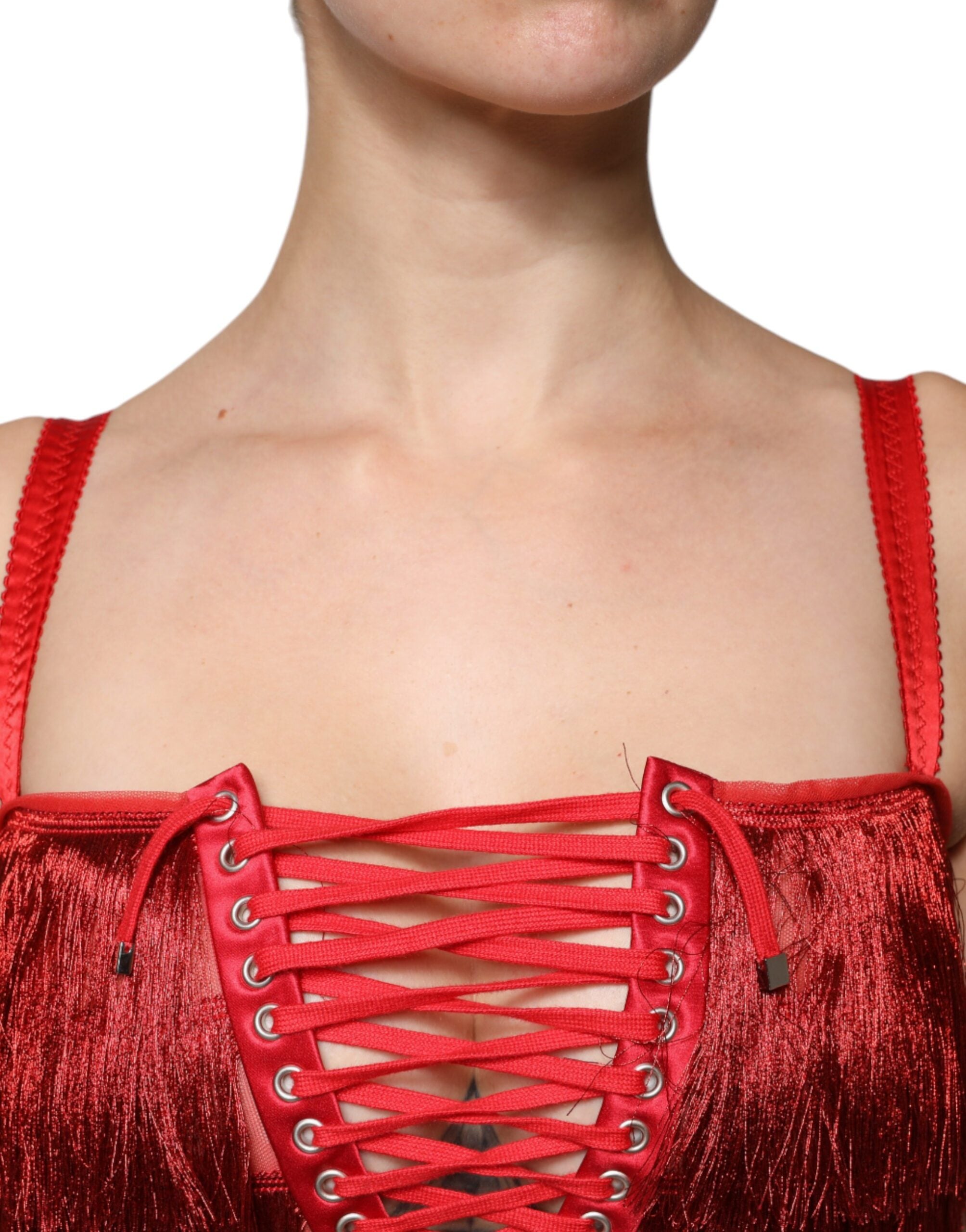 Dolce &amp; Gabbana Red Lace Tassel Ærmeløs Skede Mini Kjole