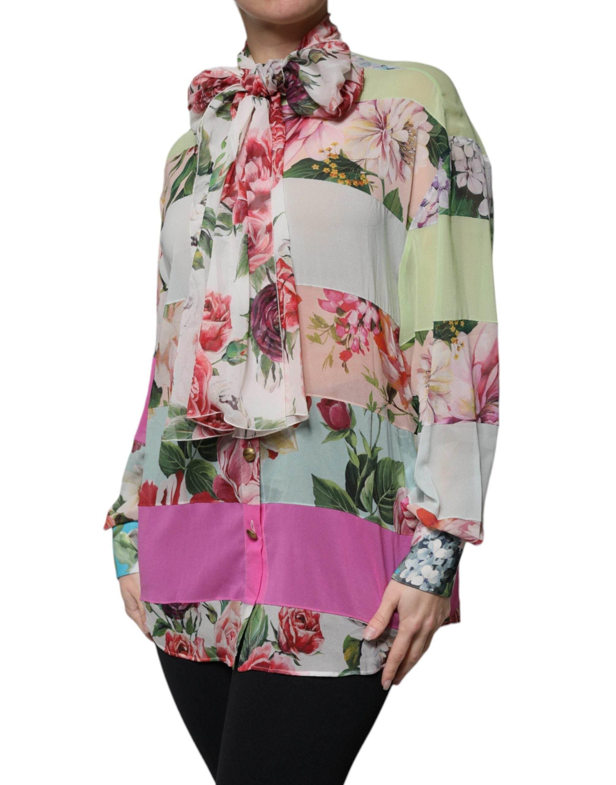 Dolce & Gabbana Multicolor Floral Patchwork Ascot Collar Top - Hilstor