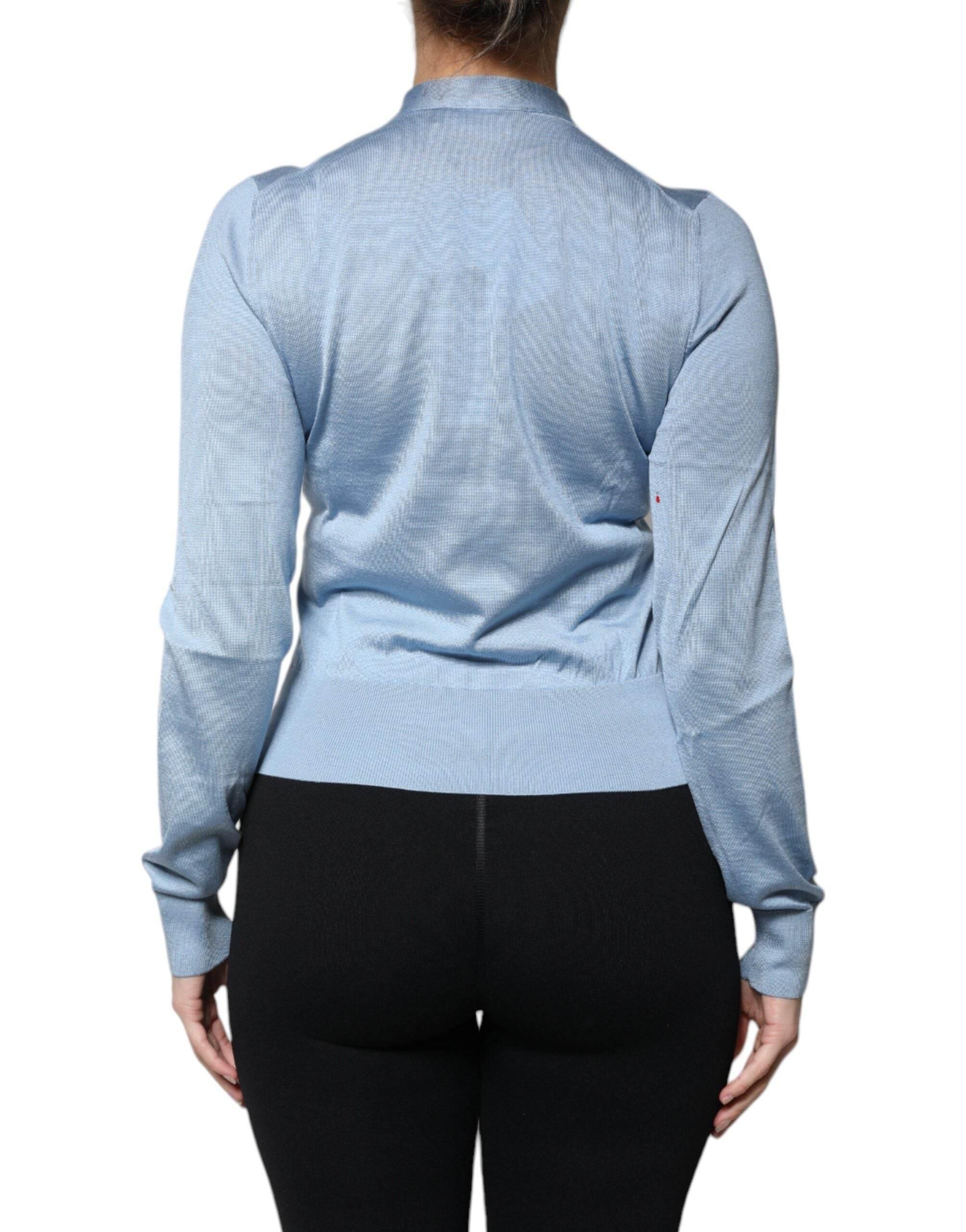 Dolce & Gabbana Blue Silk Knit Pullover Ascot Collar Top - Hilstor