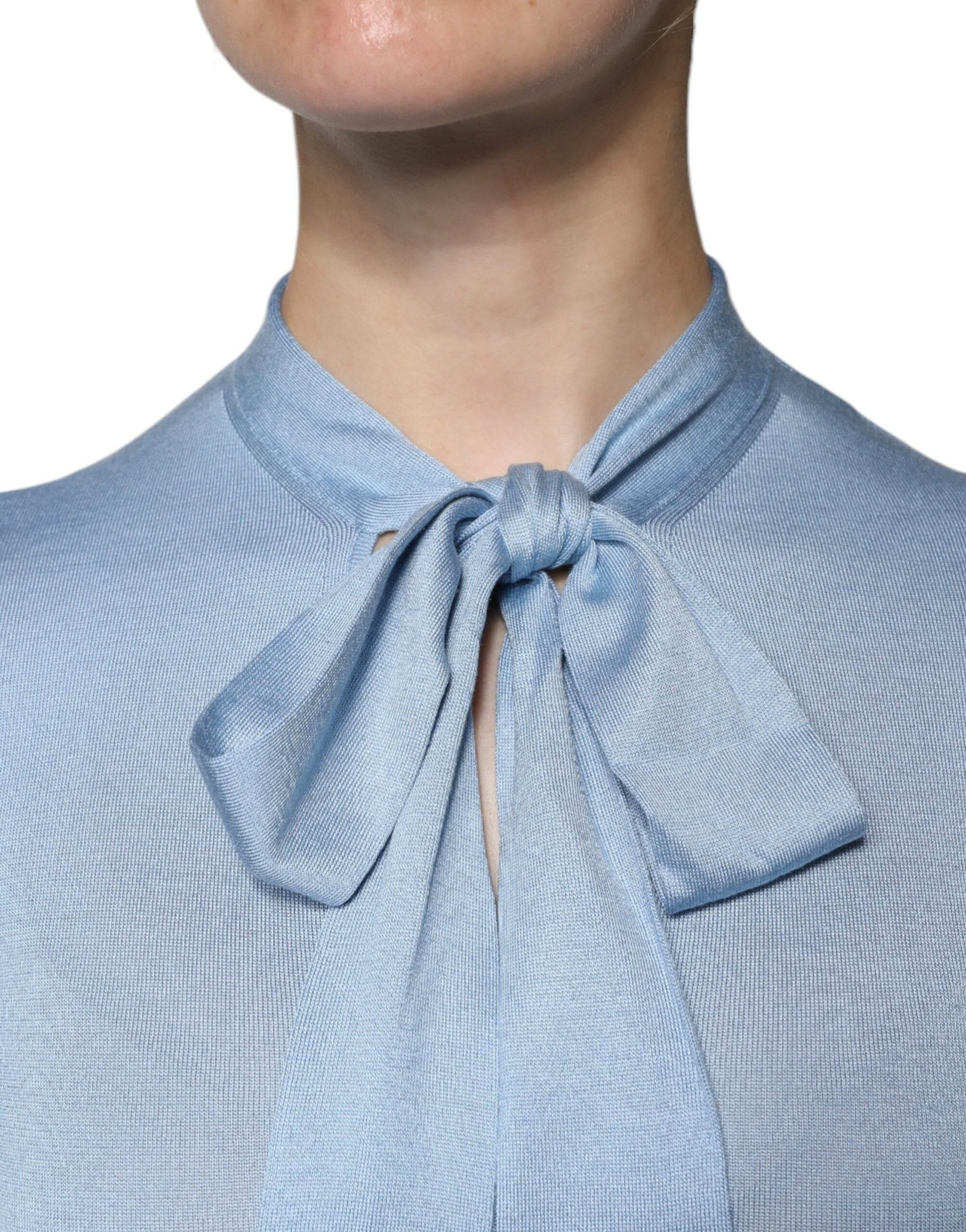 Dolce & Gabbana Blue Silk Knit Pullover Ascot Collar Top - Hilstor