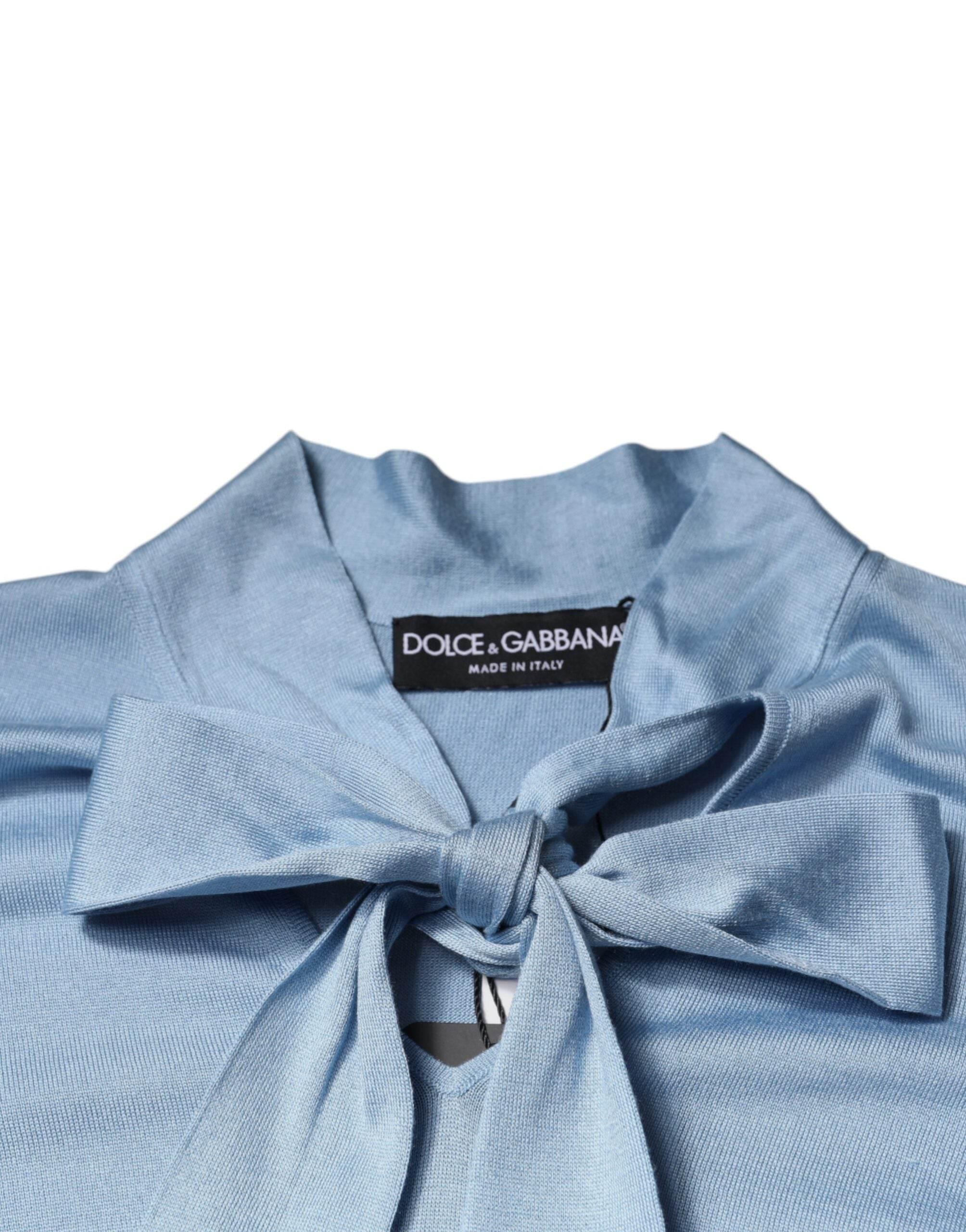 Dolce & Gabbana Blue Silk Knit Pullover Ascot Collar Top - Hilstor