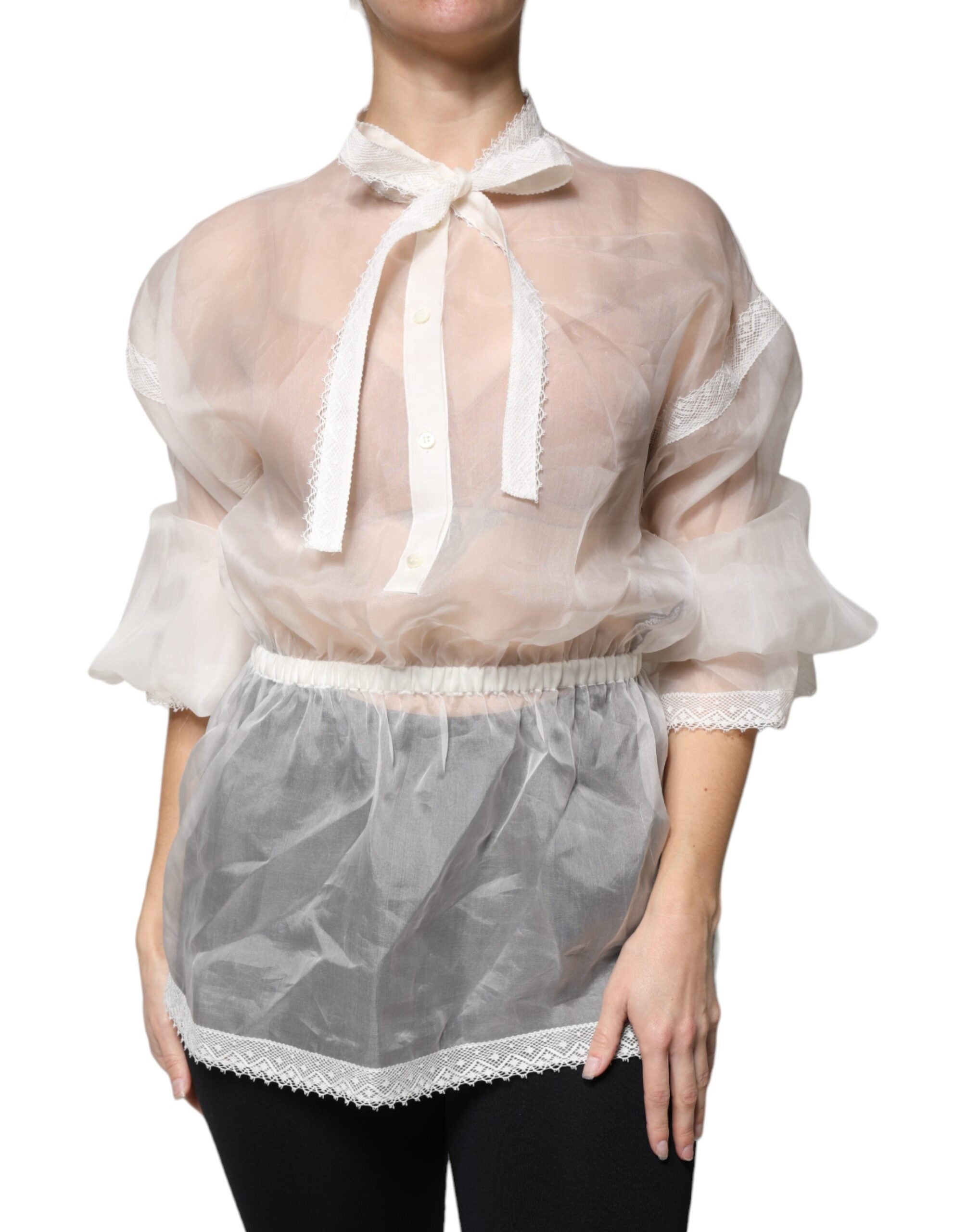 Dolce &amp; Gabbana White Ascot Collar Langærmet Bluse Top