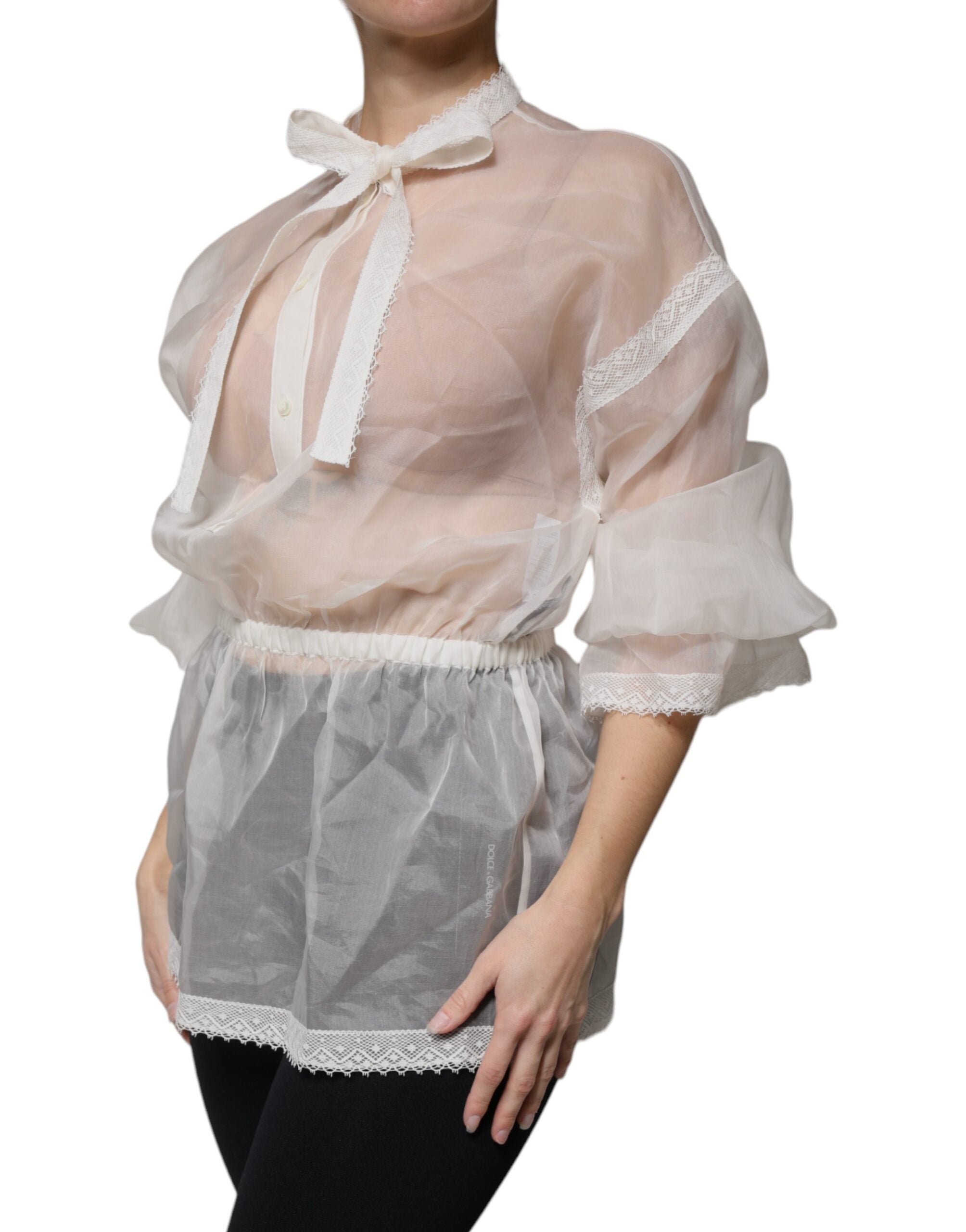 Dolce &amp; Gabbana White Ascot Collar Langærmet Bluse Top