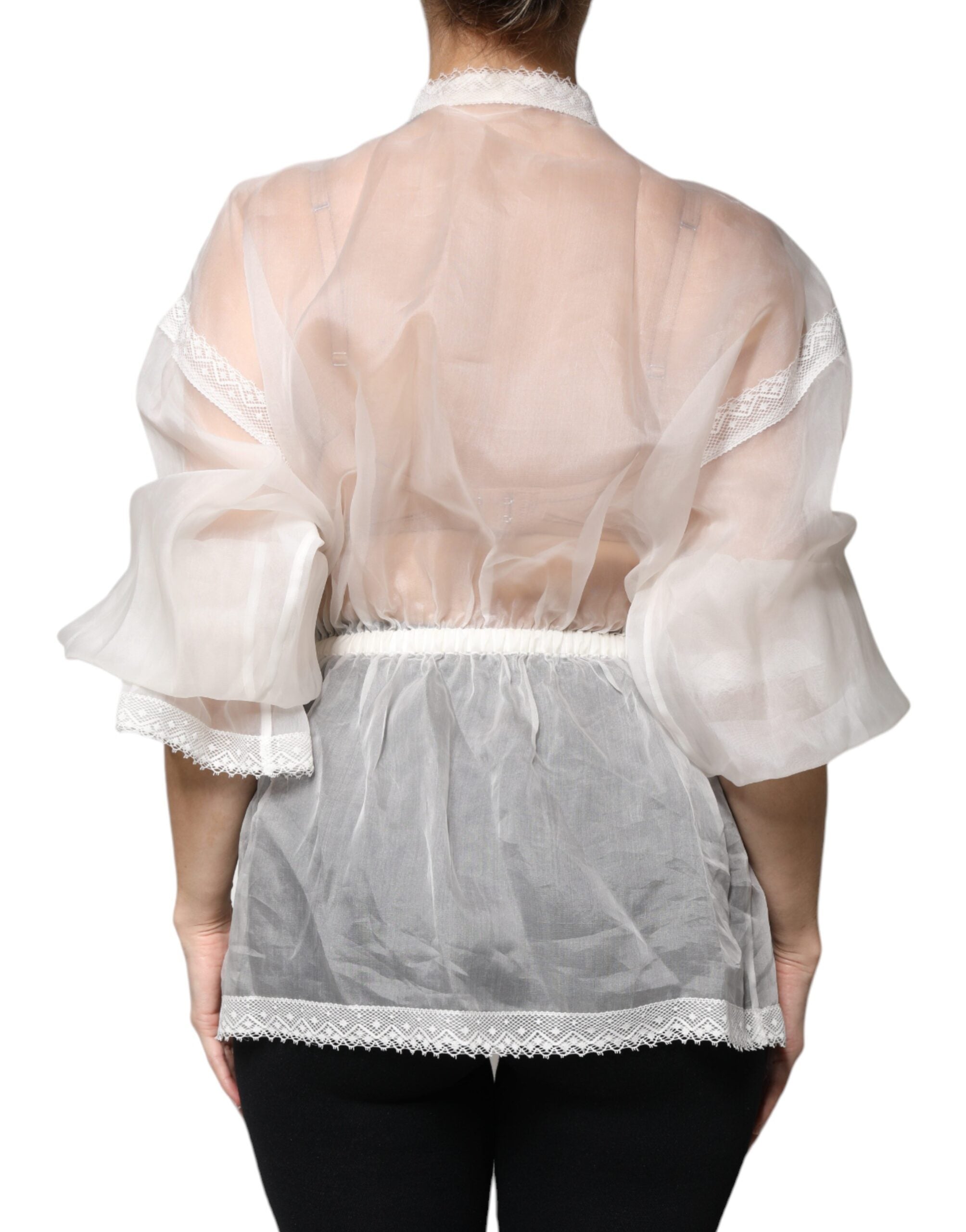 Dolce &amp; Gabbana White Ascot Collar Langærmet Bluse Top