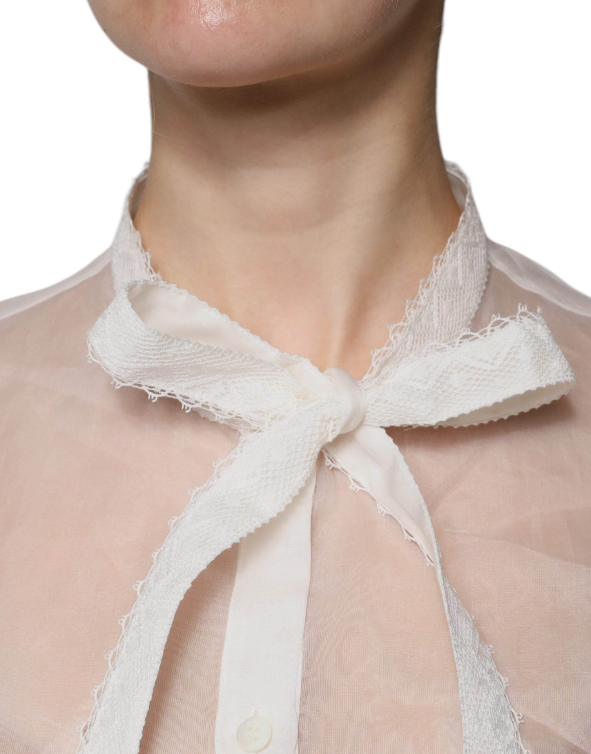 Dolce & Gabbana White Ascot Collar Long Sleeves Blouse Top - Hilstor