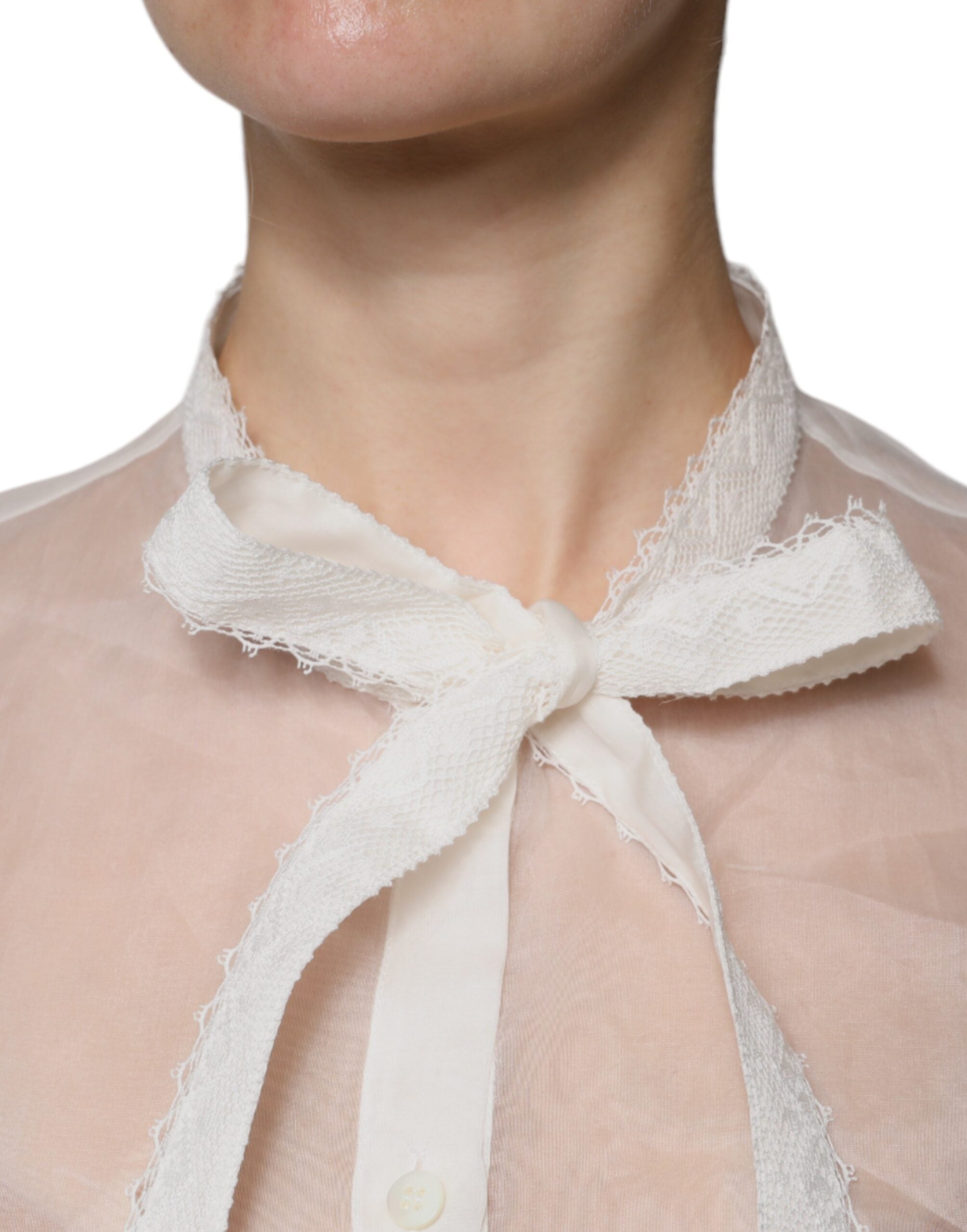 Dolce &amp; Gabbana White Ascot Collar Langærmet Bluse Top