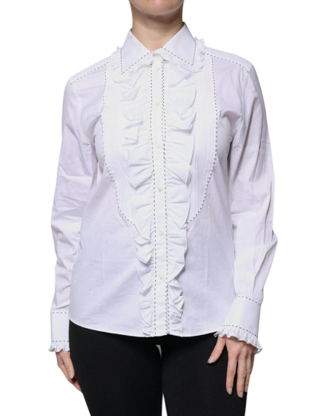 Dolce & Gabbana White Cotton Long Sleeves Ruffle Collar Top - Hilstor