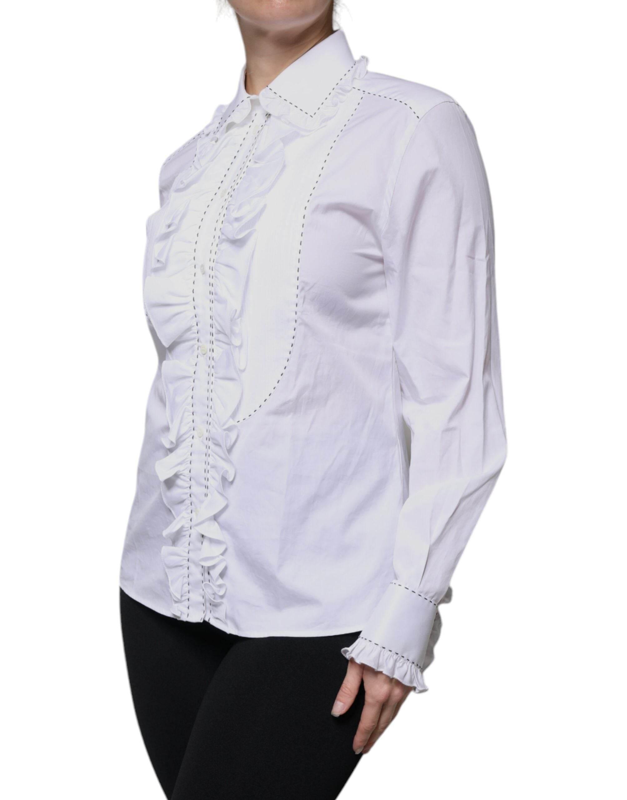Dolce & Gabbana White Cotton Long Sleeves Ruffle Collar Top - Hilstor
