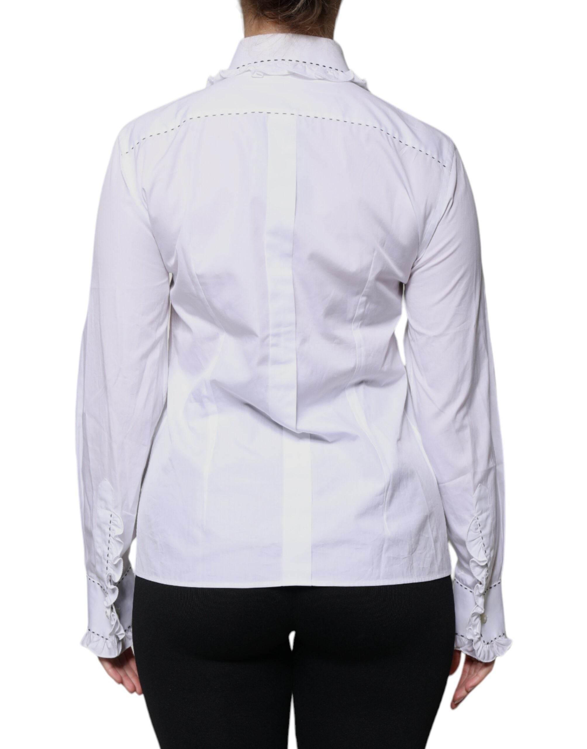 Dolce & Gabbana White Cotton Long Sleeves Ruffle Collar Top - Hilstor