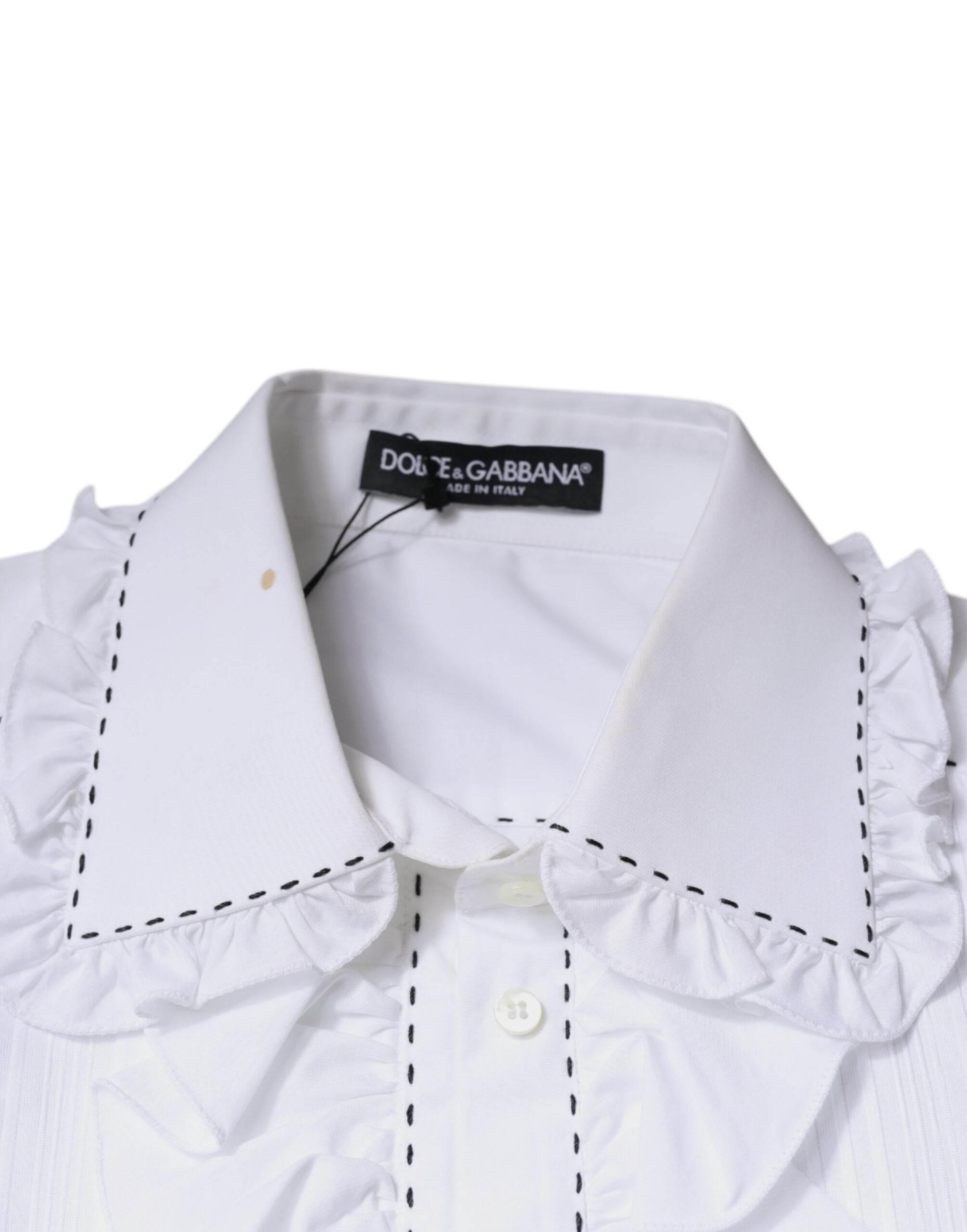 Dolce & Gabbana White Cotton Long Sleeves Ruffle Collar Top - Hilstor