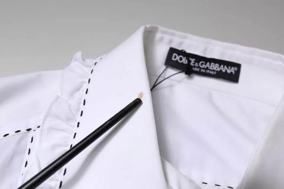 Dolce & Gabbana White Cotton Long Sleeves Ruffle Collar Top - Hilstor