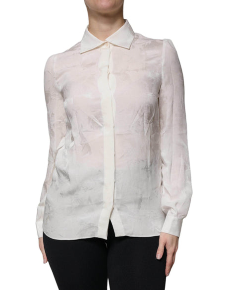 Dolce & Gabbana White Silk Collared Long Sleeves Shirt Top - Hilstor