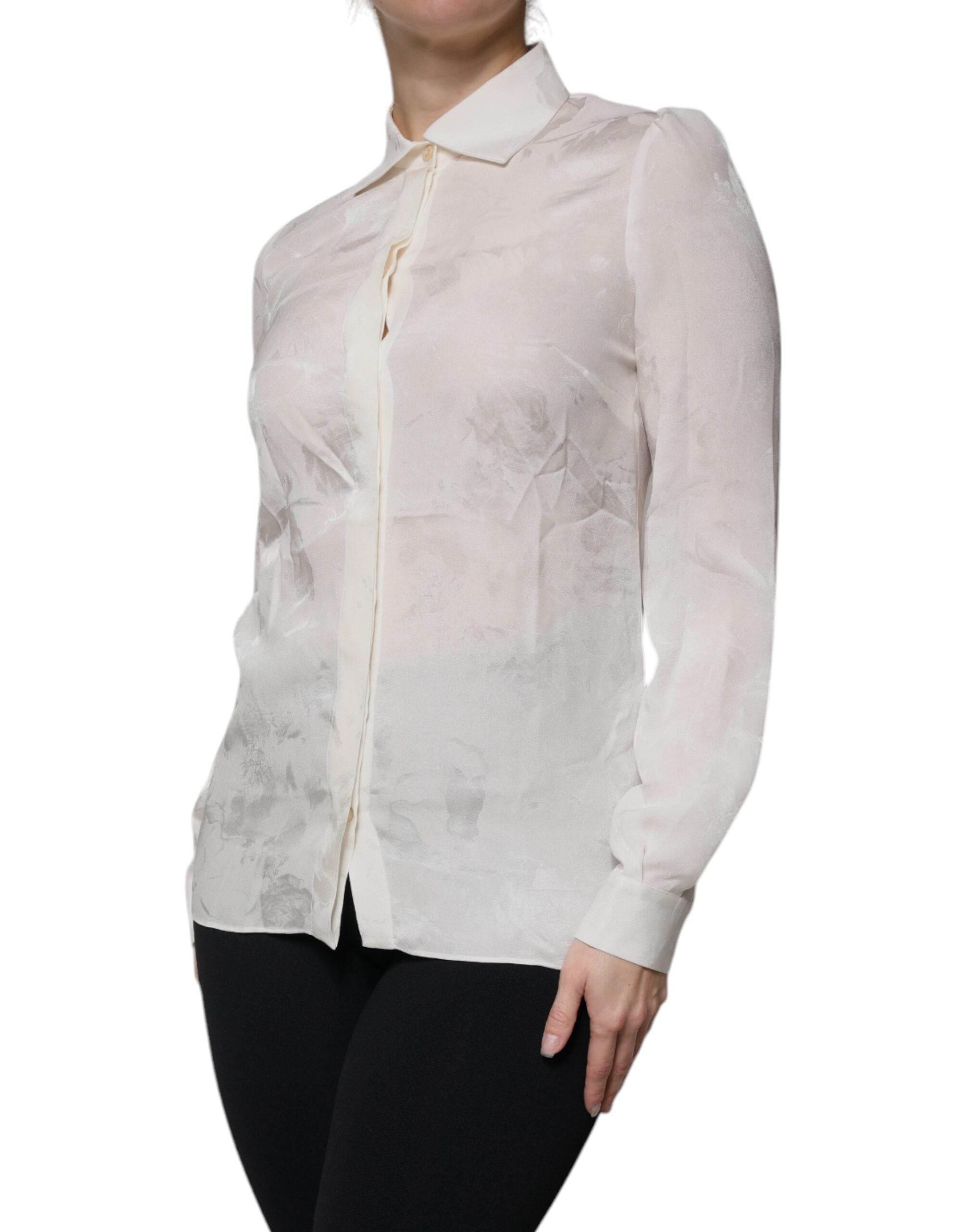 Dolce & Gabbana White Silk Collared Long Sleeves Shirt Top - Hilstor