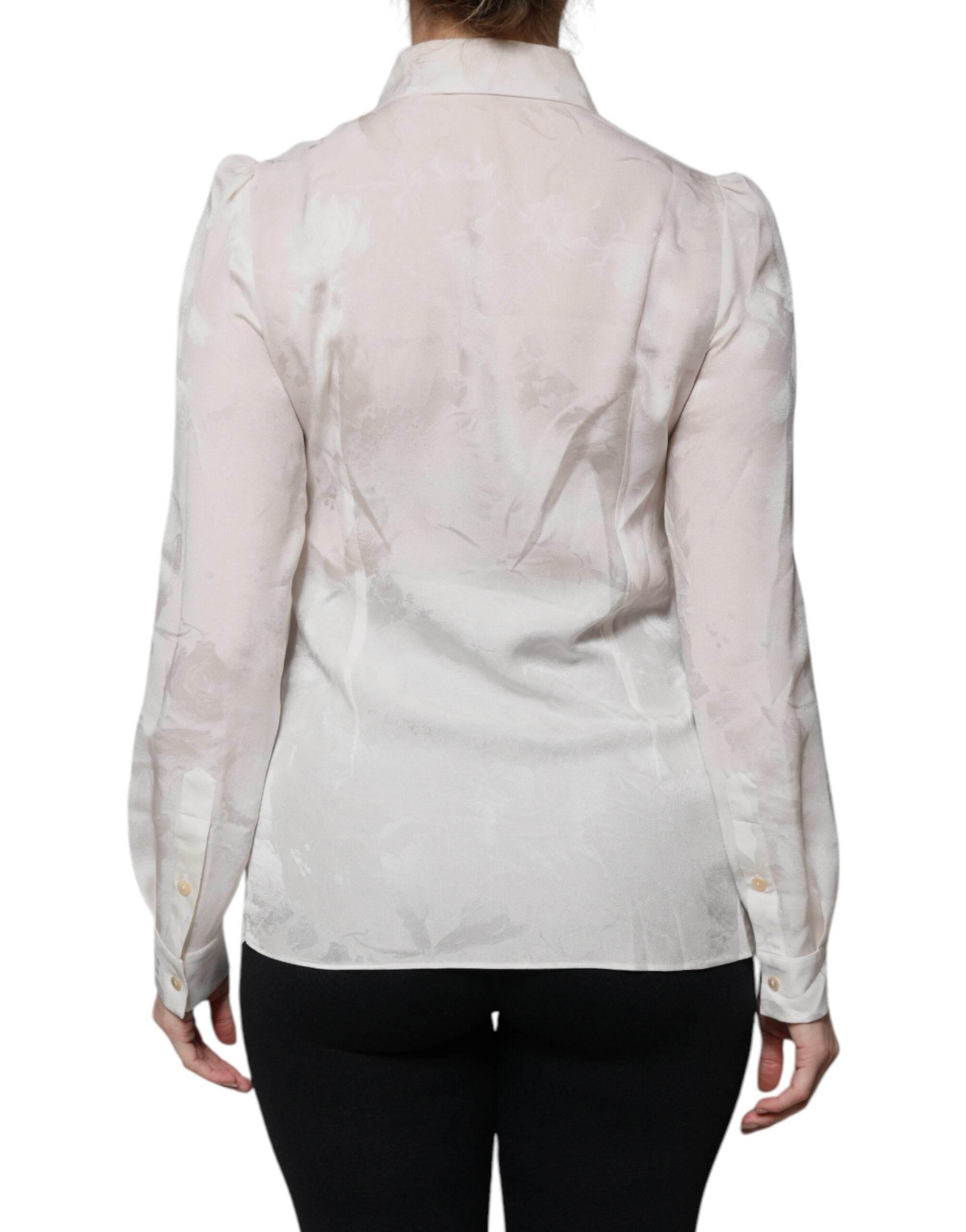 Dolce & Gabbana White Silk Collared Long Sleeves Shirt Top - Hilstor