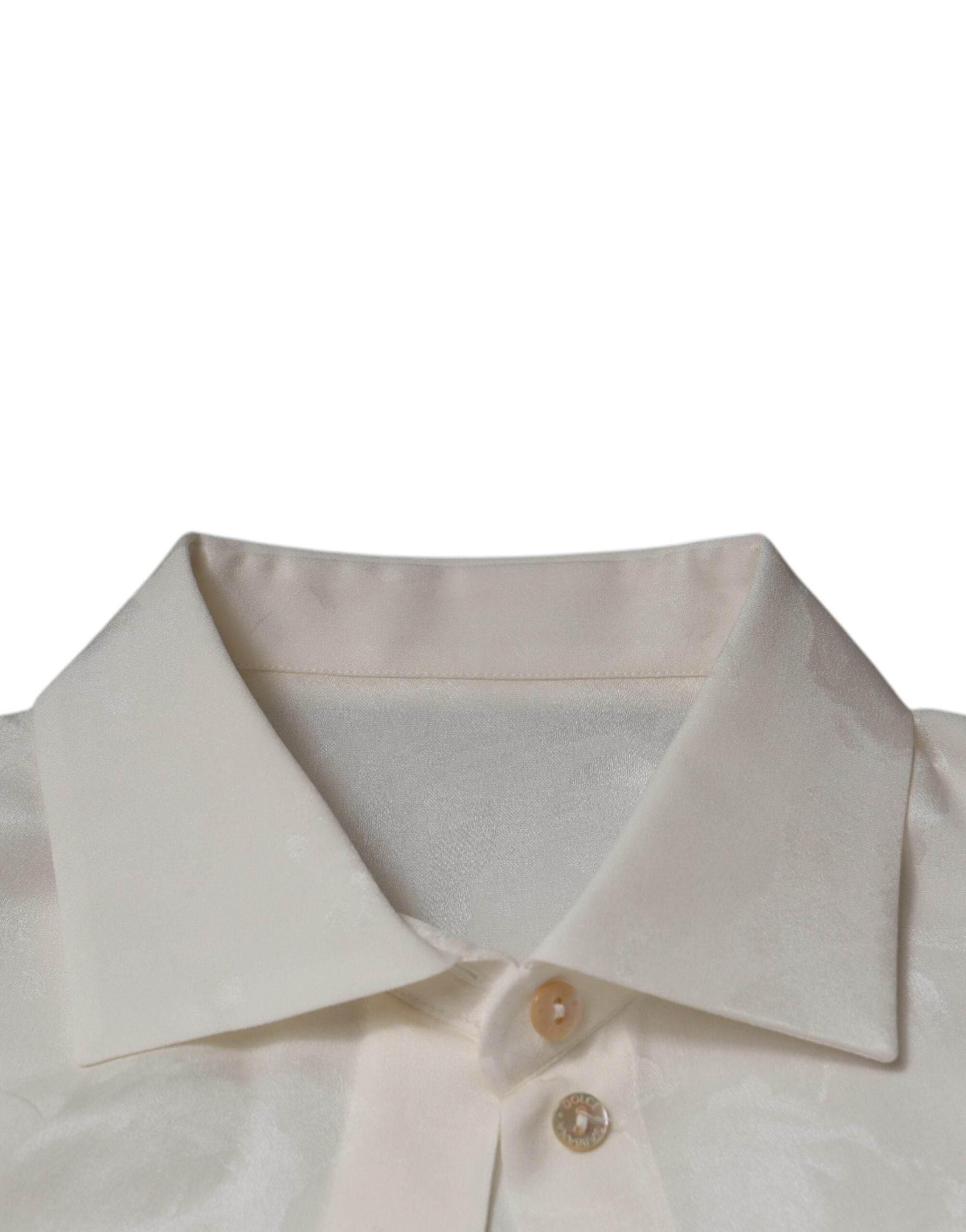 Dolce & Gabbana White Silk Collared Long Sleeves Shirt Top - Hilstor