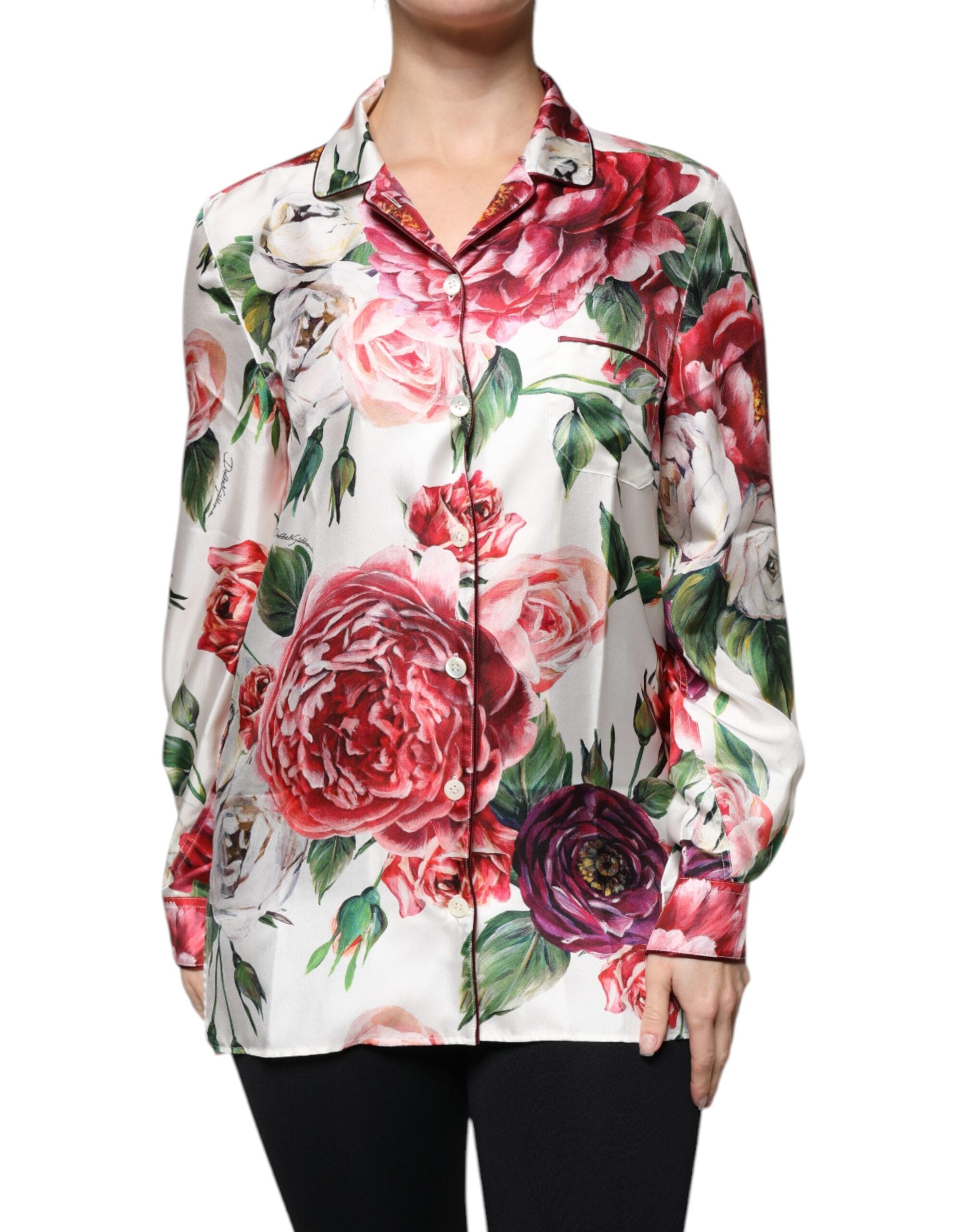 Dolce &amp; Gabbana White Peony Silke Langærmet Collared Bluse Top