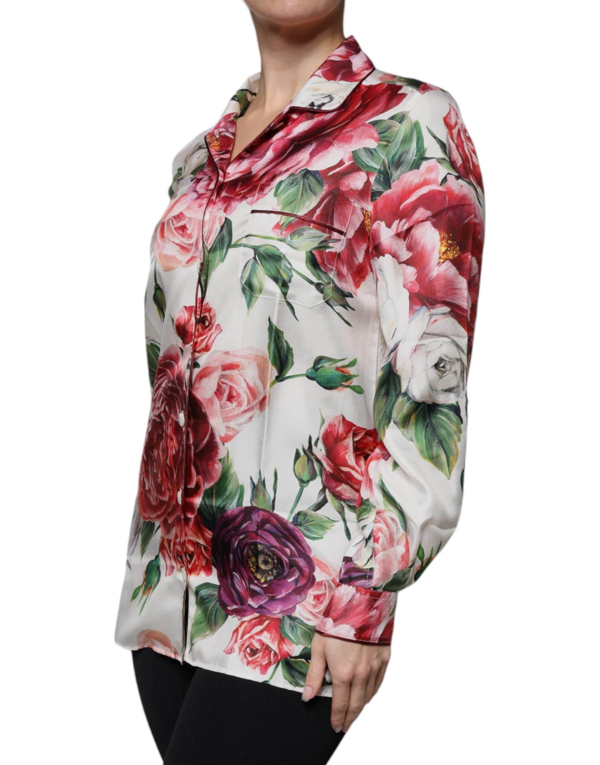 Dolce & Gabbana White Peony Silk Long Sleeves Collared Blouse Top - Hilstor