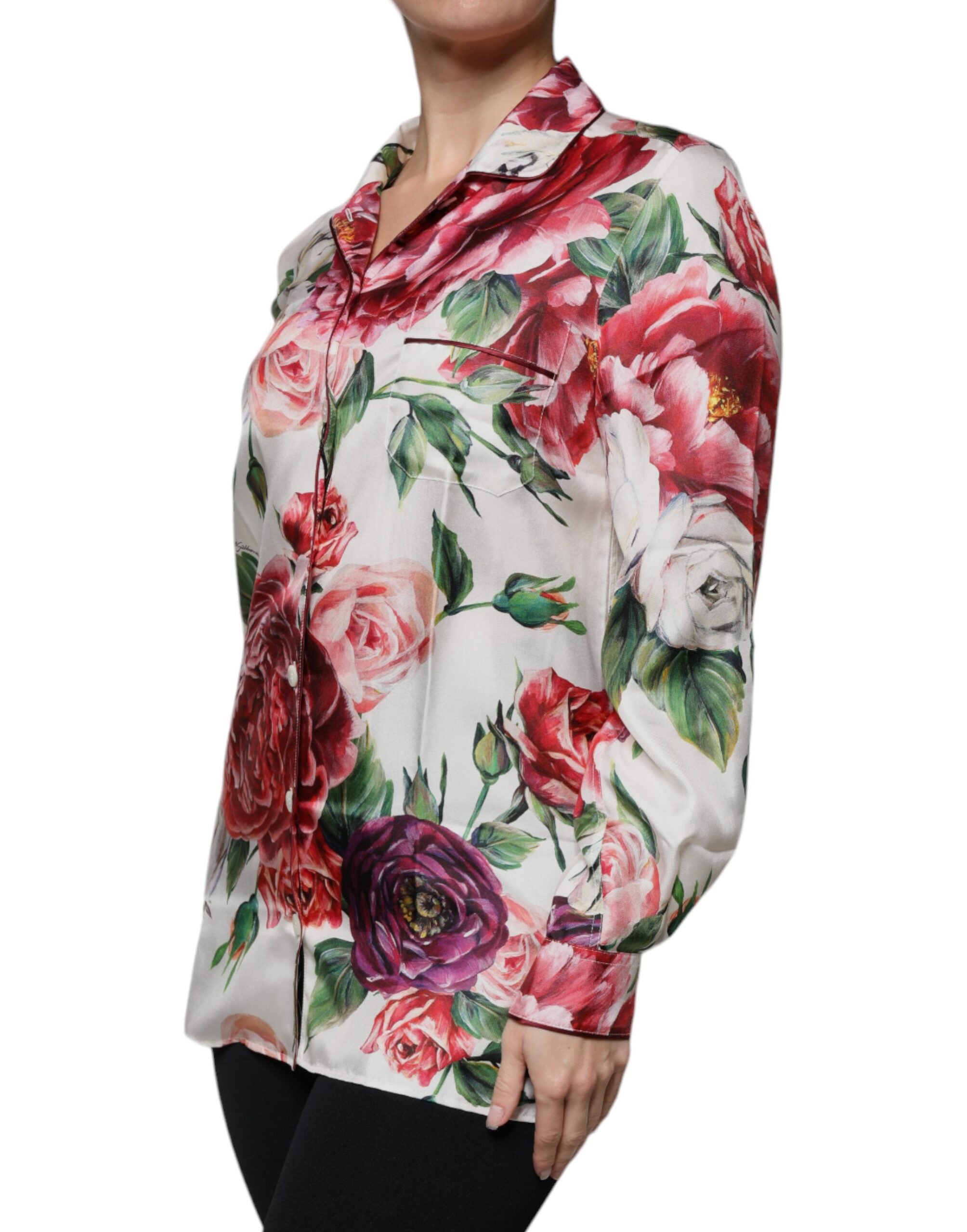 Dolce &amp; Gabbana White Peony Silke Langærmet Collared Bluse Top