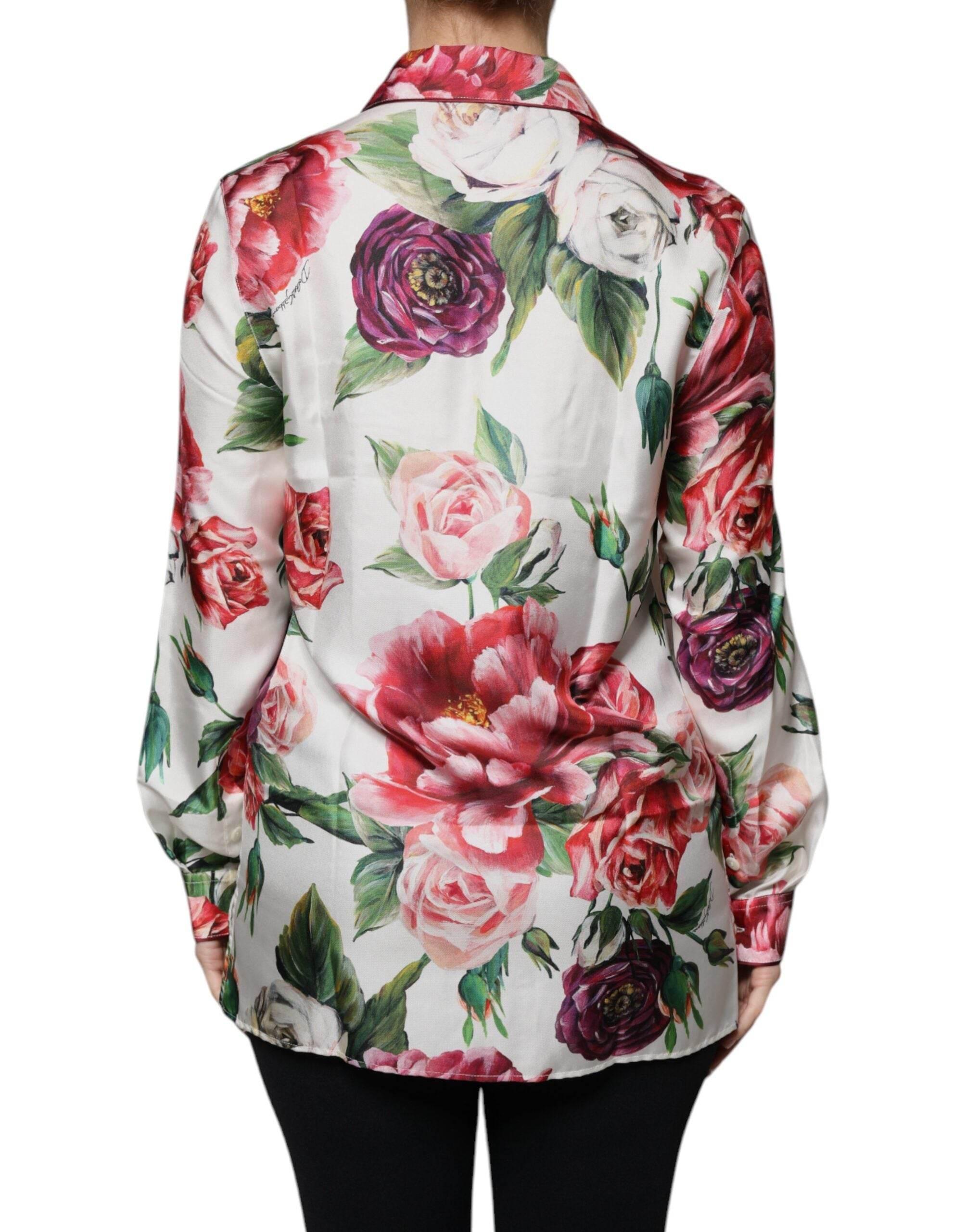 Dolce & Gabbana White Peony Silk Long Sleeves Collared Blouse Top - Hilstor