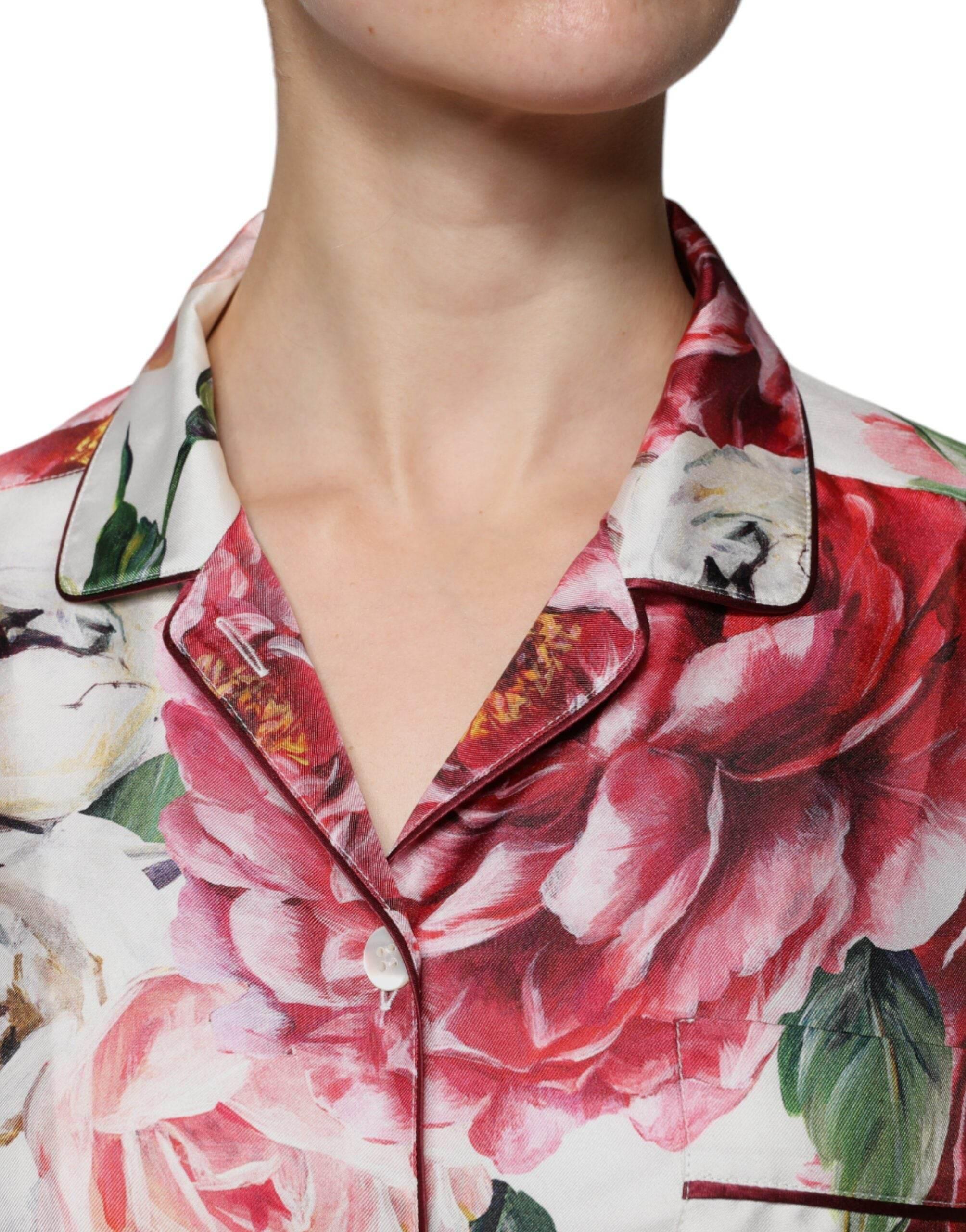Dolce & Gabbana White Peony Silk Long Sleeves Collared Blouse Top - Hilstor