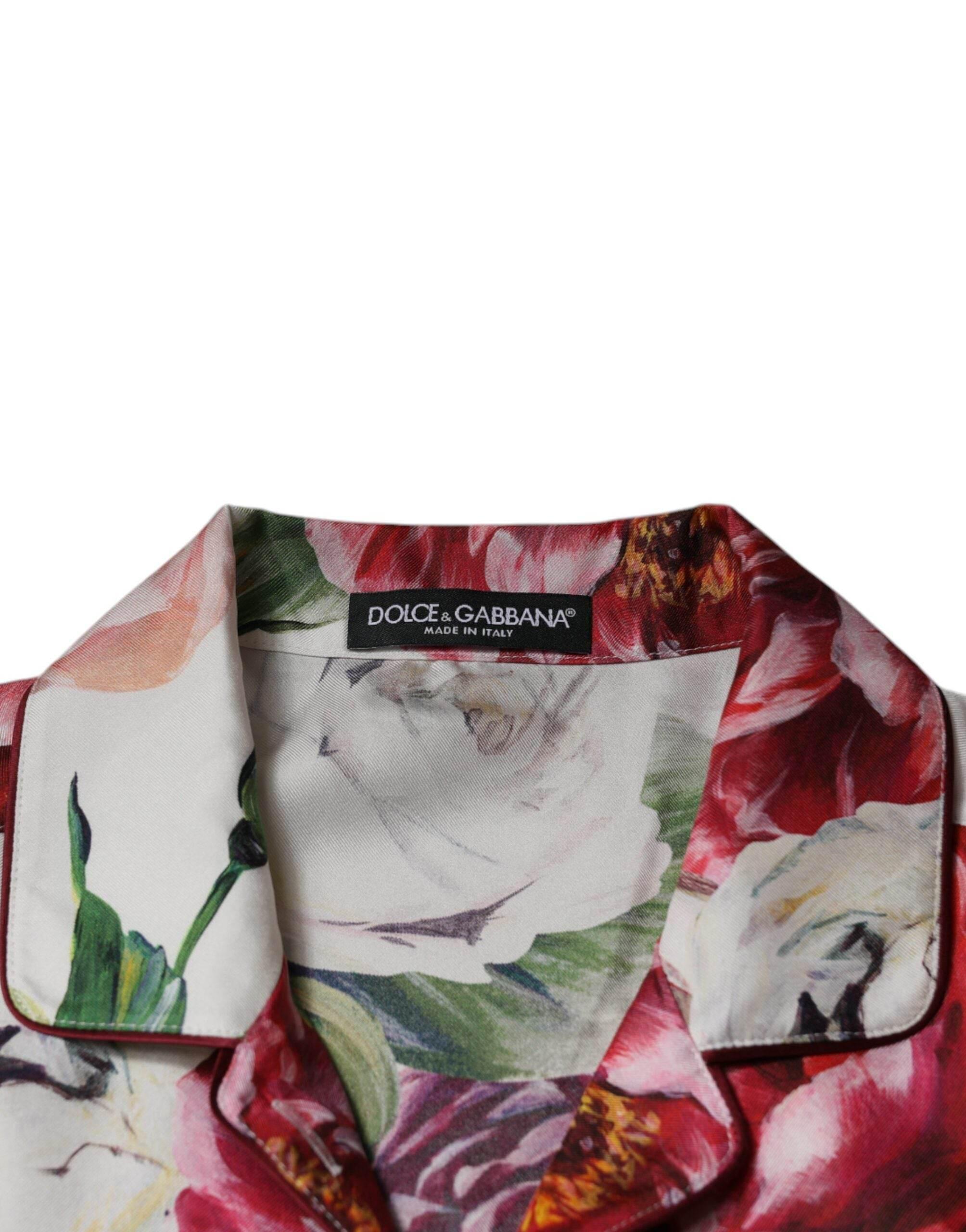 Dolce & Gabbana White Peony Silk Long Sleeves Collared Blouse Top - Hilstor