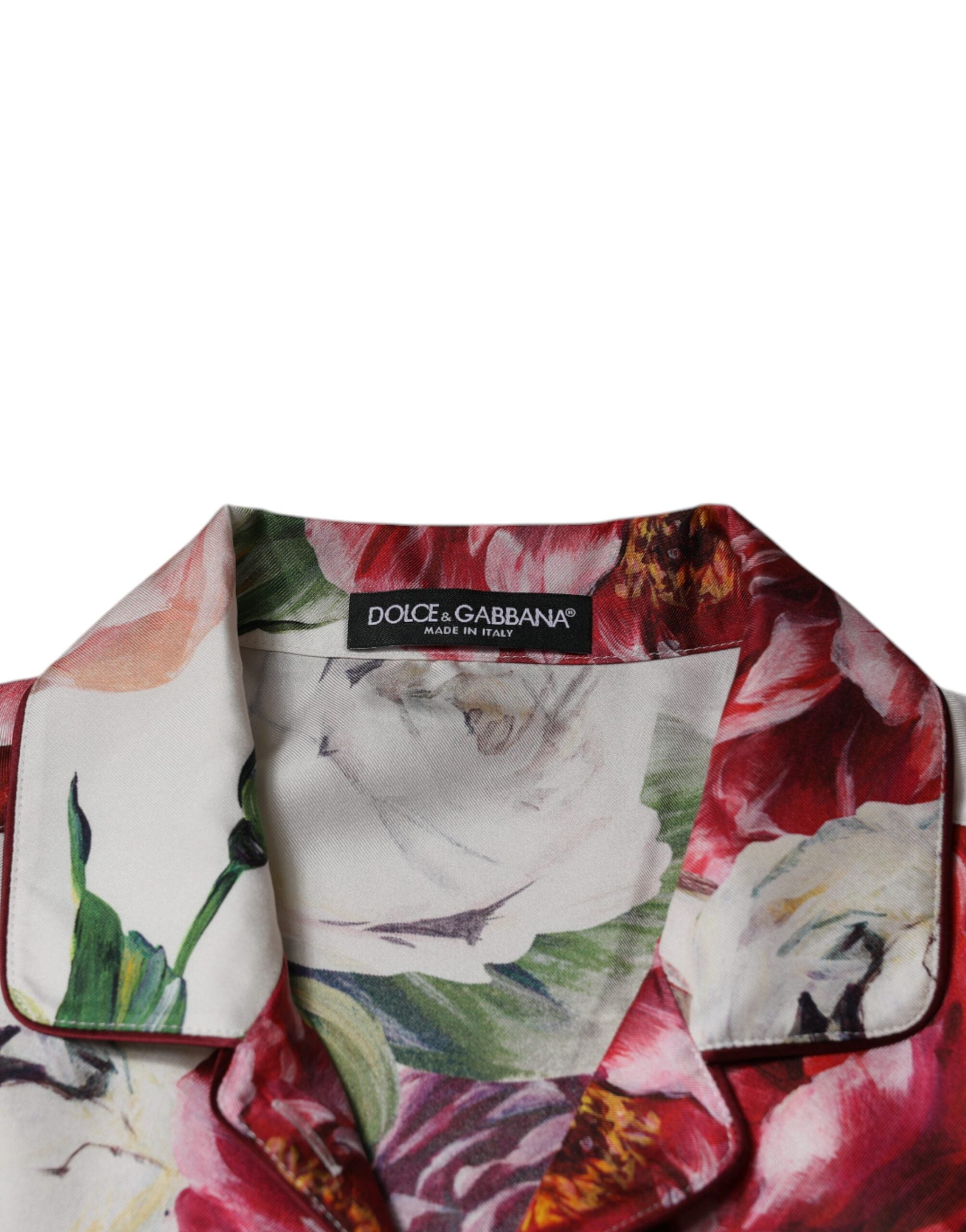 Dolce &amp; Gabbana White Peony Silke Langærmet Collared Bluse Top