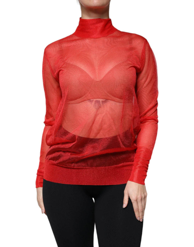 Dolce & Gabbana Red Mesh Turtleneck Long Sleeve Blouse Top - Hilstor