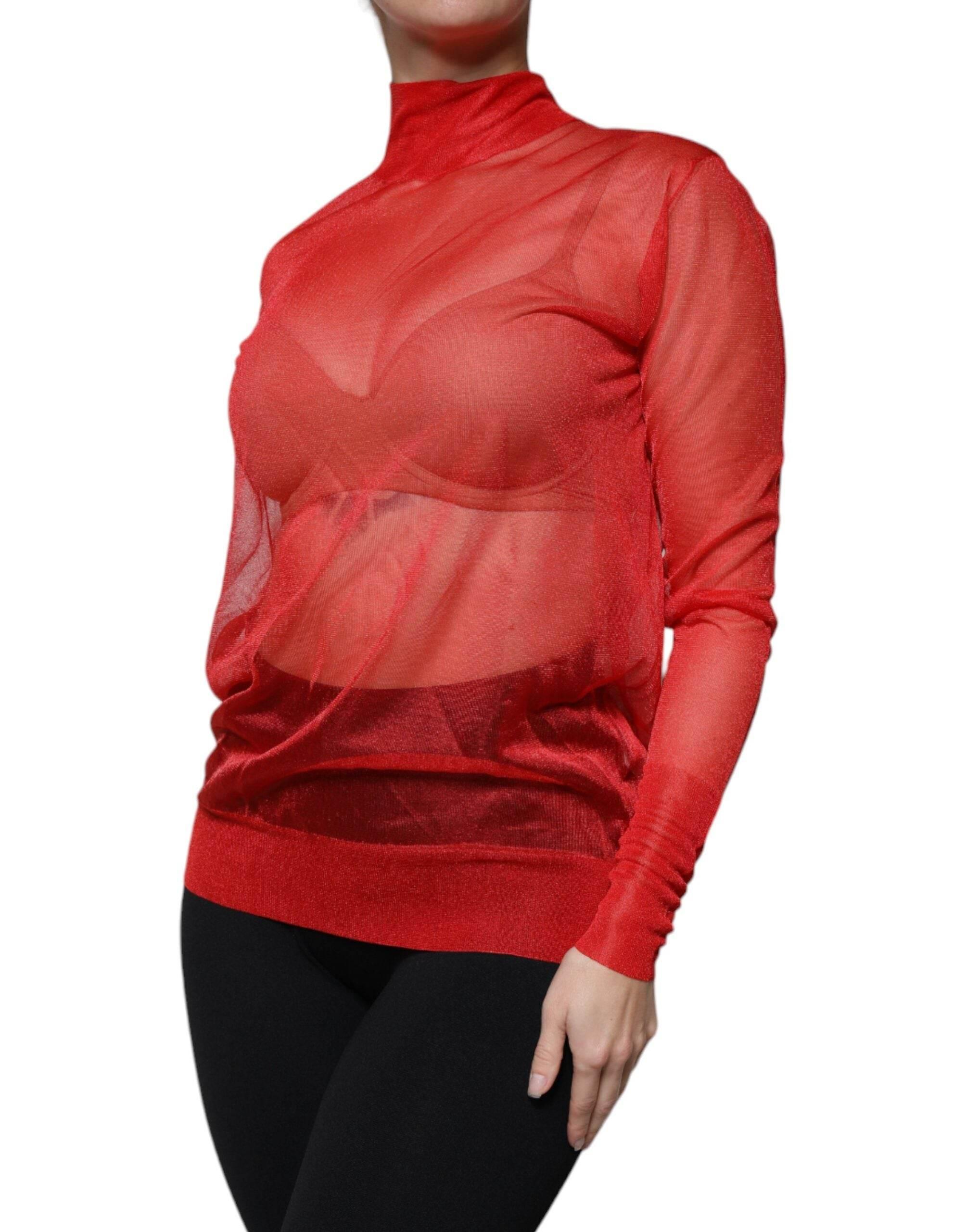Dolce & Gabbana Red Mesh Turtleneck Long Sleeve Blouse Top - Hilstor