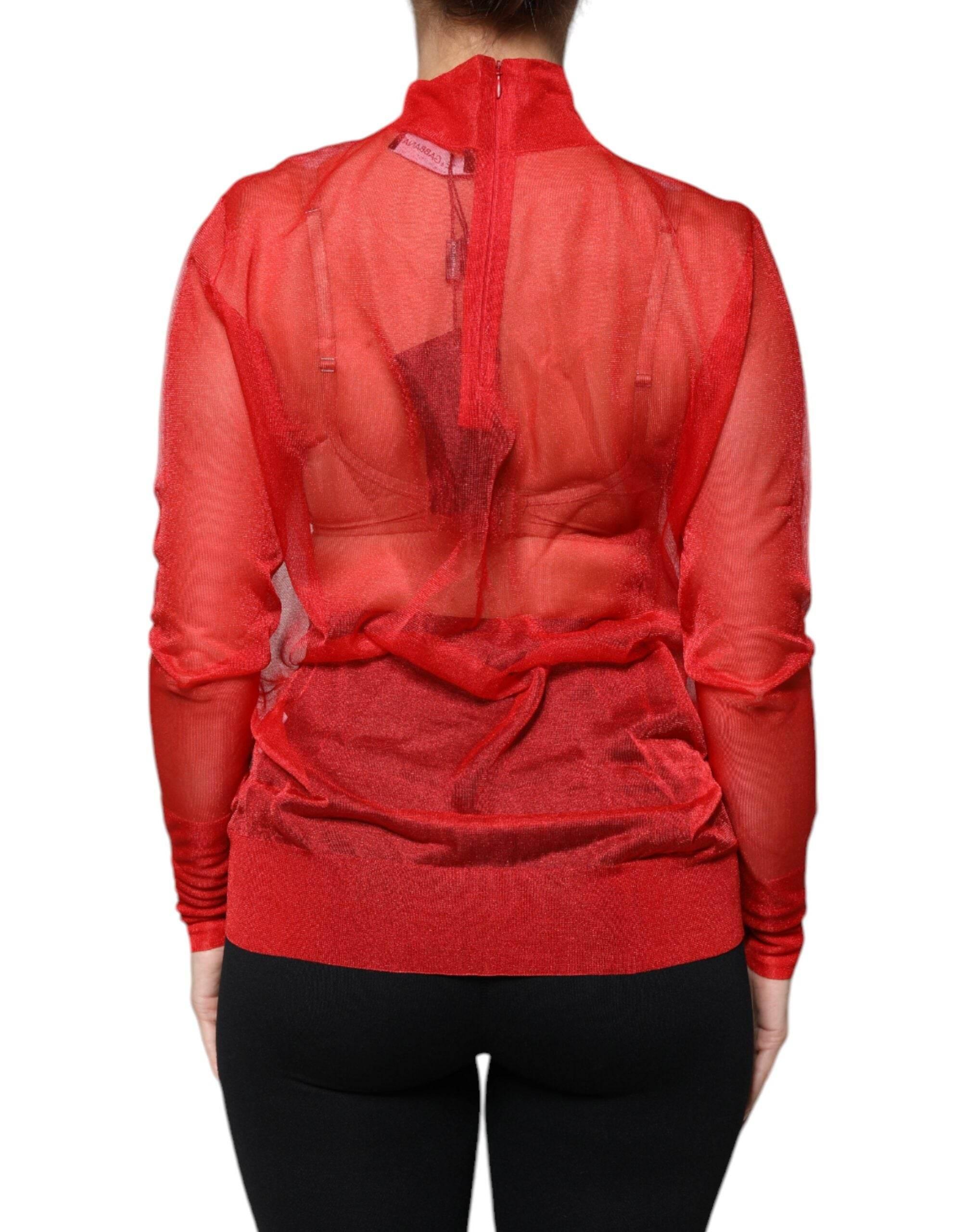 Dolce & Gabbana Red Mesh Turtleneck Long Sleeve Blouse Top - Hilstor