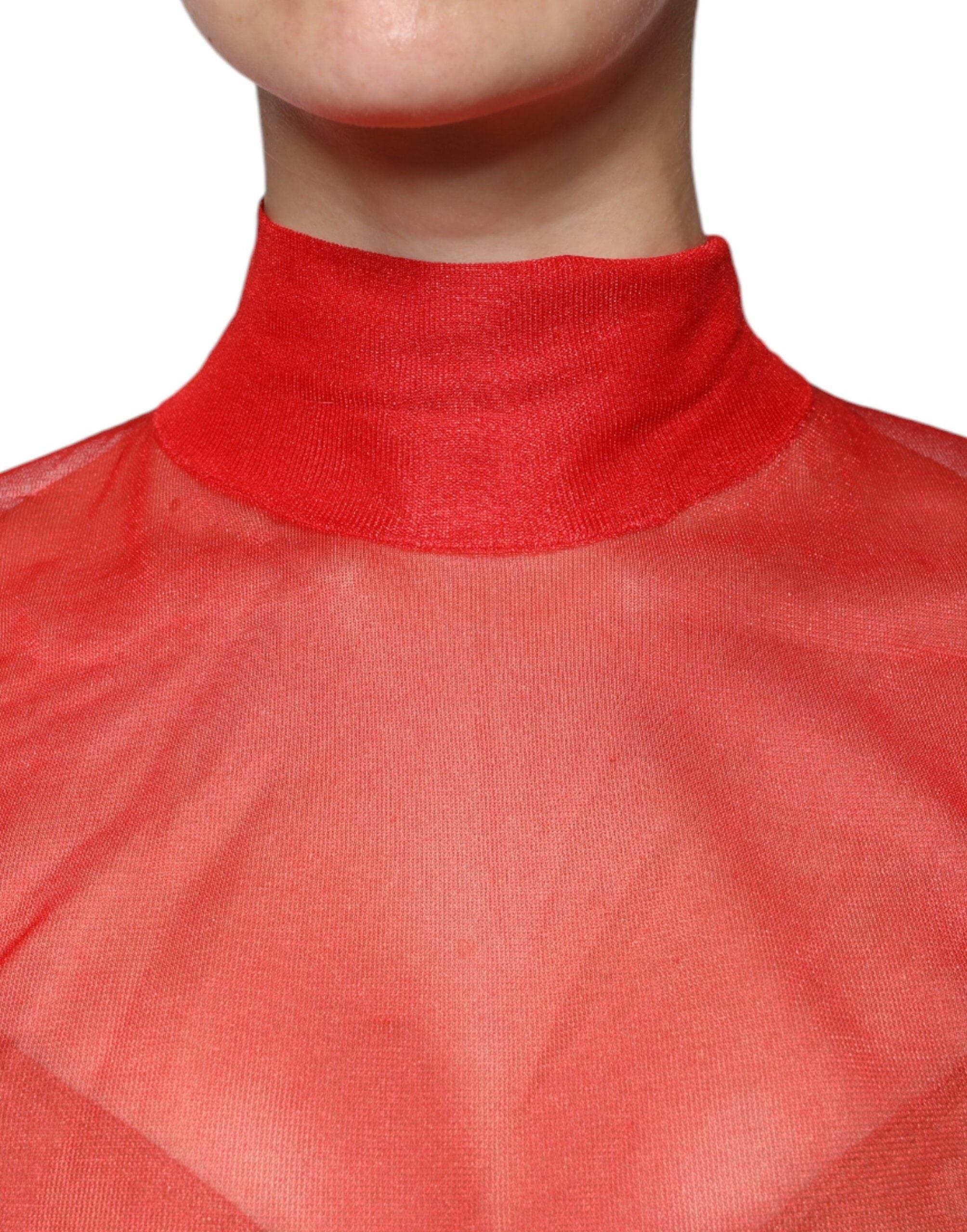 Dolce & Gabbana Red Mesh Turtleneck Long Sleeve Blouse Top - Hilstor