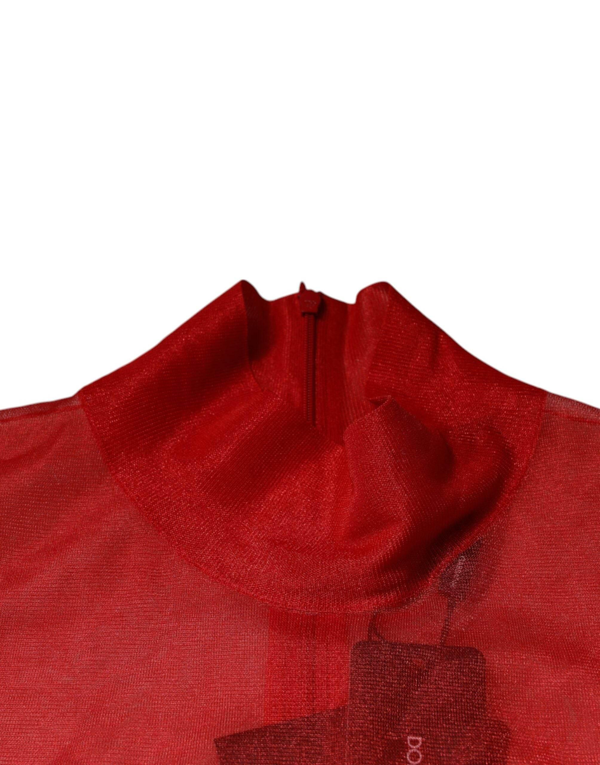 Dolce & Gabbana Red Mesh Turtleneck Long Sleeve Blouse Top - Hilstor