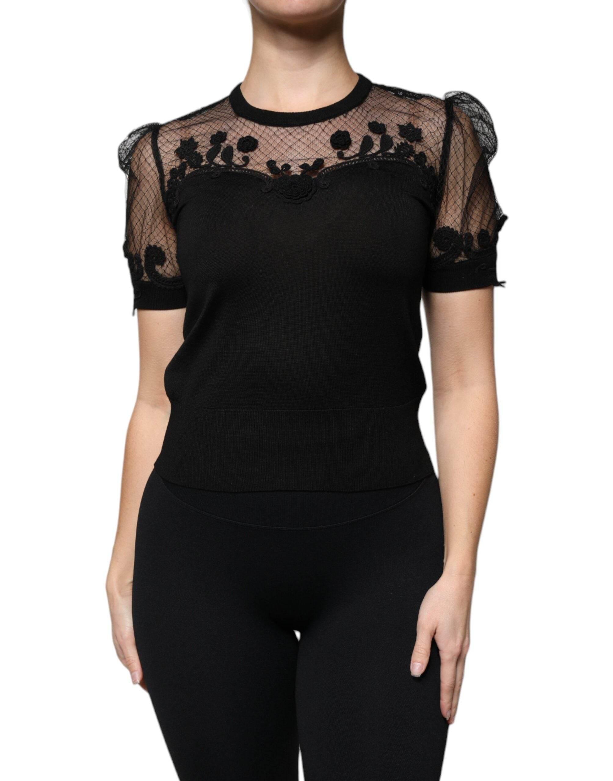 Dolce & Gabbana Black Floral Lace Short Sleeves Blouse Top - Hilstor