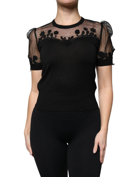 Dolce & Gabbana Black Floral Lace Short Sleeves Blouse Top - Hilstor