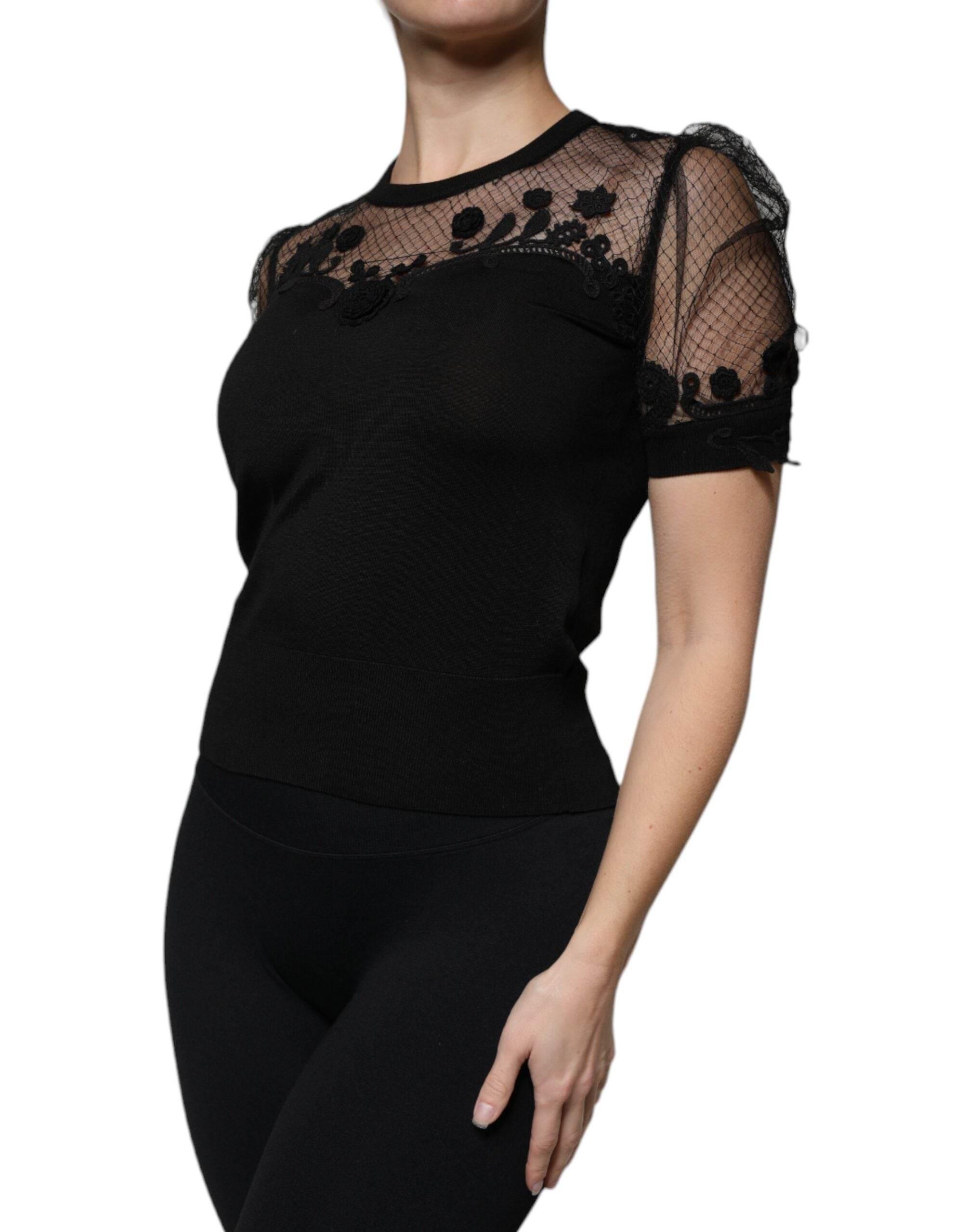 Dolce & Gabbana Black Floral Lace Short Sleeves Blouse Top - Hilstor