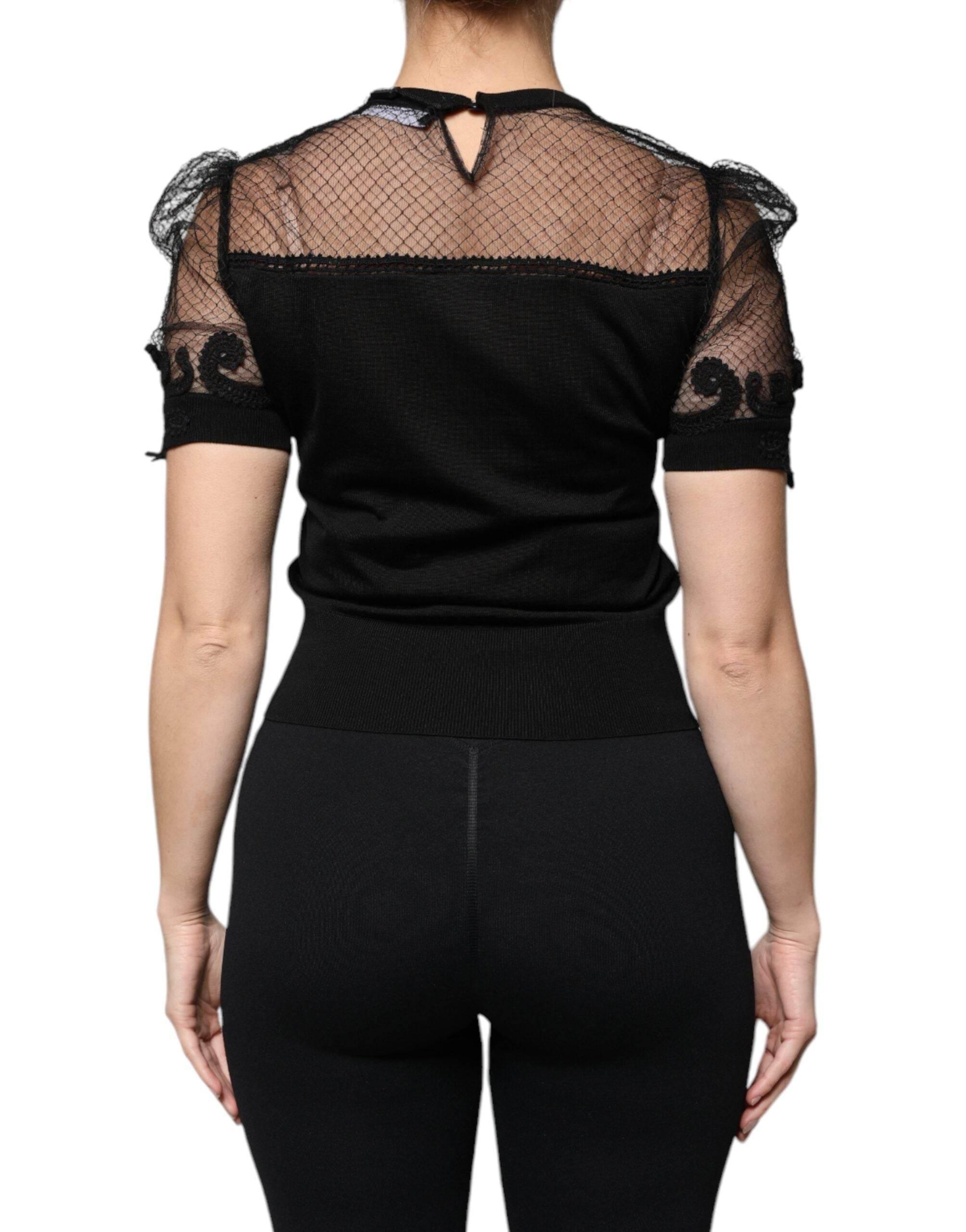 Dolce & Gabbana Black Floral Lace Short Sleeves Blouse Top - Hilstor
