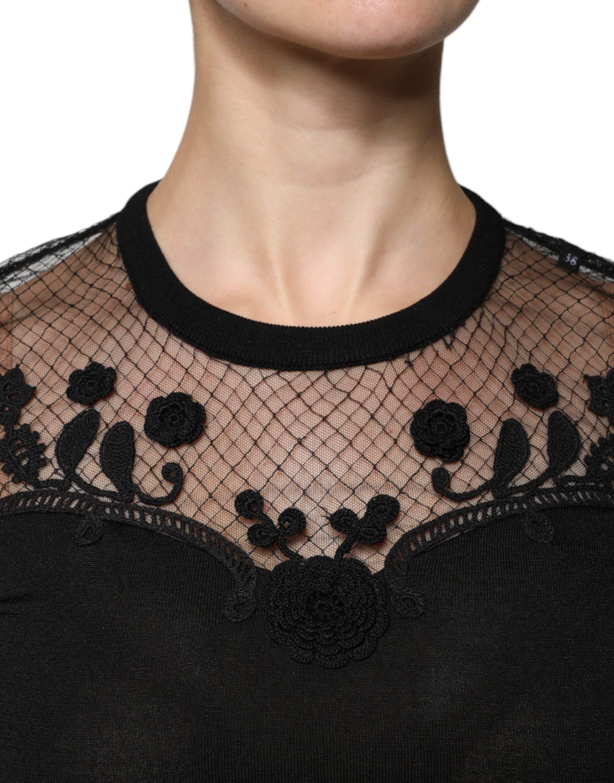 Dolce & Gabbana Black Floral Lace Short Sleeves Blouse Top - Hilstor