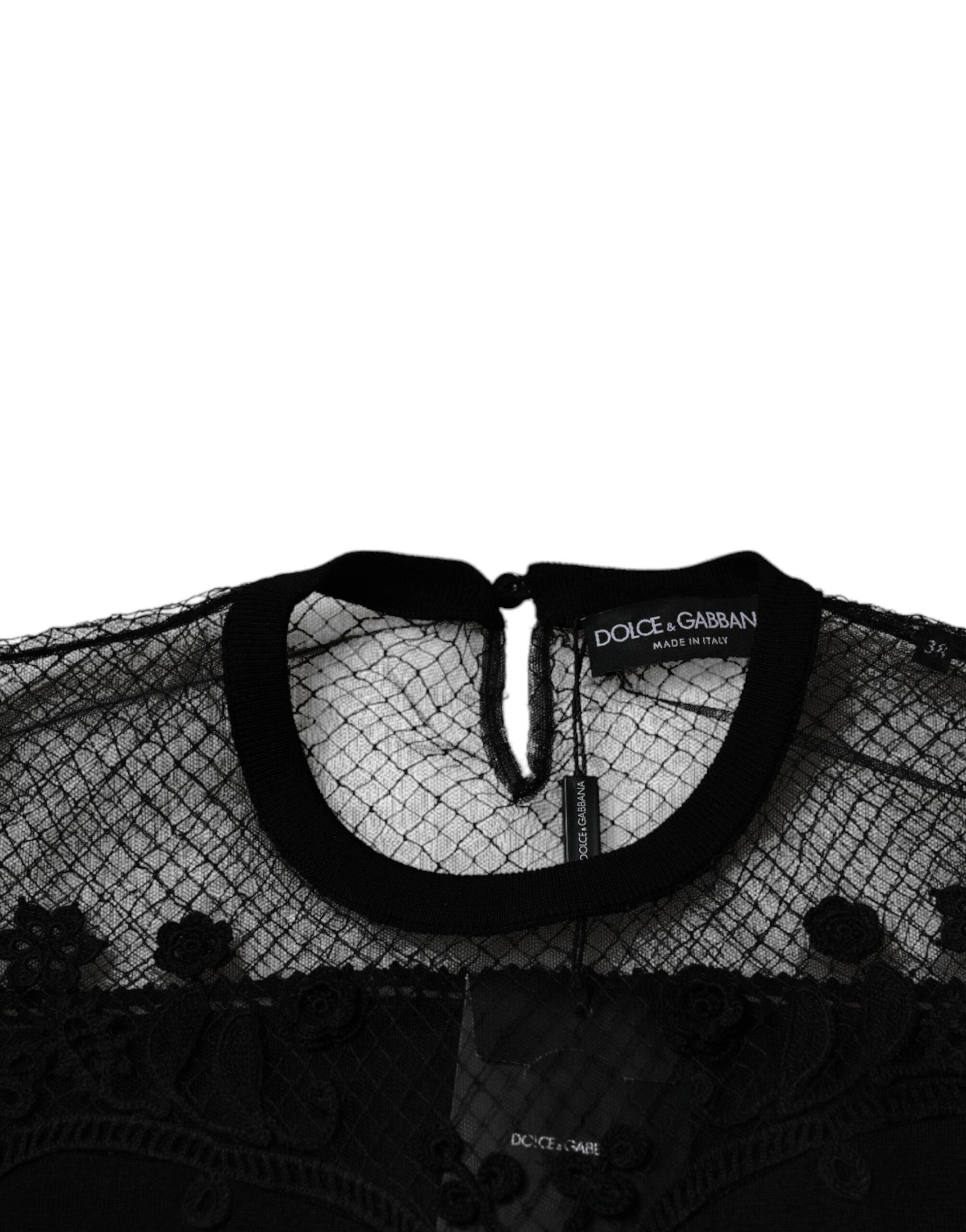 Dolce & Gabbana Black Floral Lace Short Sleeves Blouse Top - Hilstor