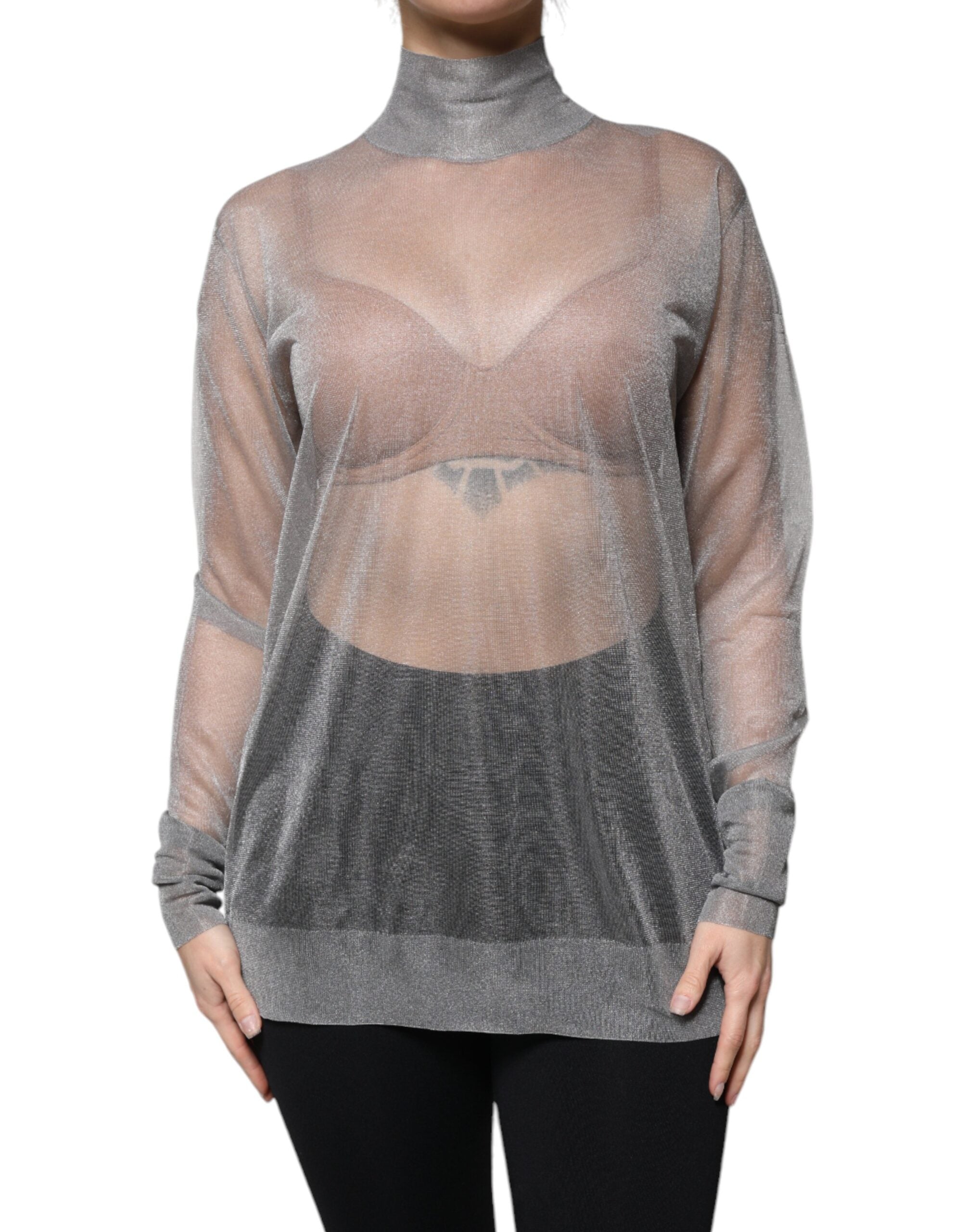 Dolce &amp; Gabbana grå mesh rullekrave langærmet bluse top