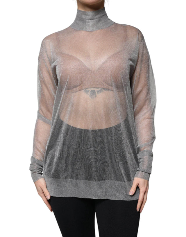 Dolce & Gabbana Grey Mesh Turtleneck Long Sleeve Blouse Top - Hilstor