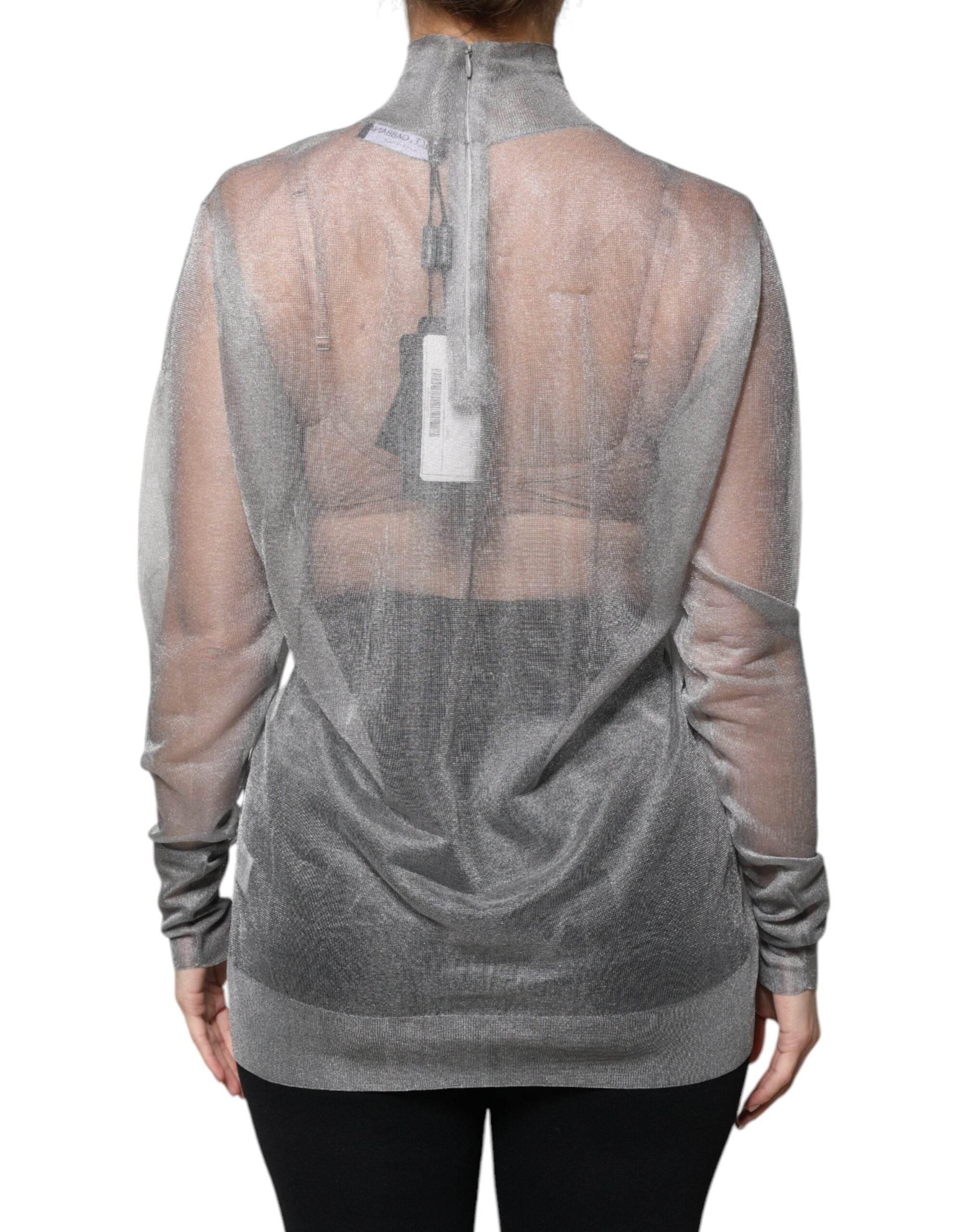 Dolce & Gabbana Grey Mesh Turtleneck Long Sleeve Blouse Top - Hilstor