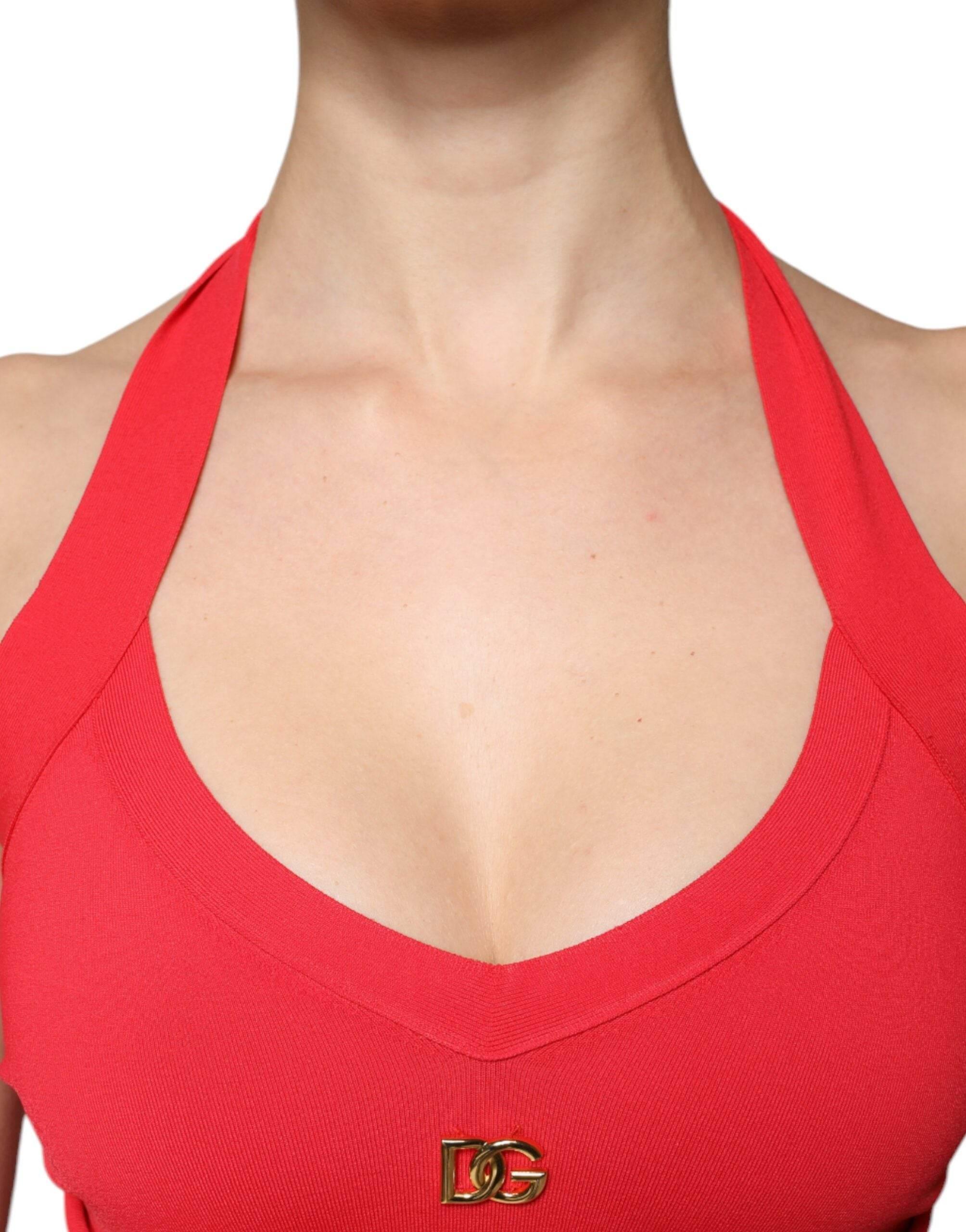 Dolce & Gabbana Red Viscose Sleeveless Halter Cropped Tank Top - Hilstor