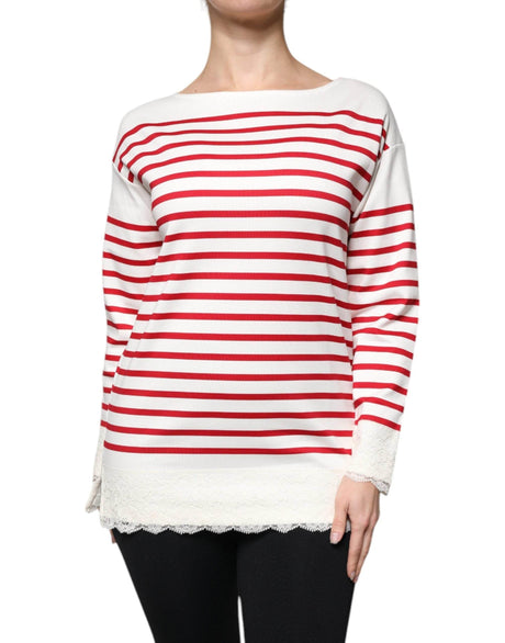 Dolce & Gabbana White Red Stripes Cotton Long Sleeves Top - Hilstor