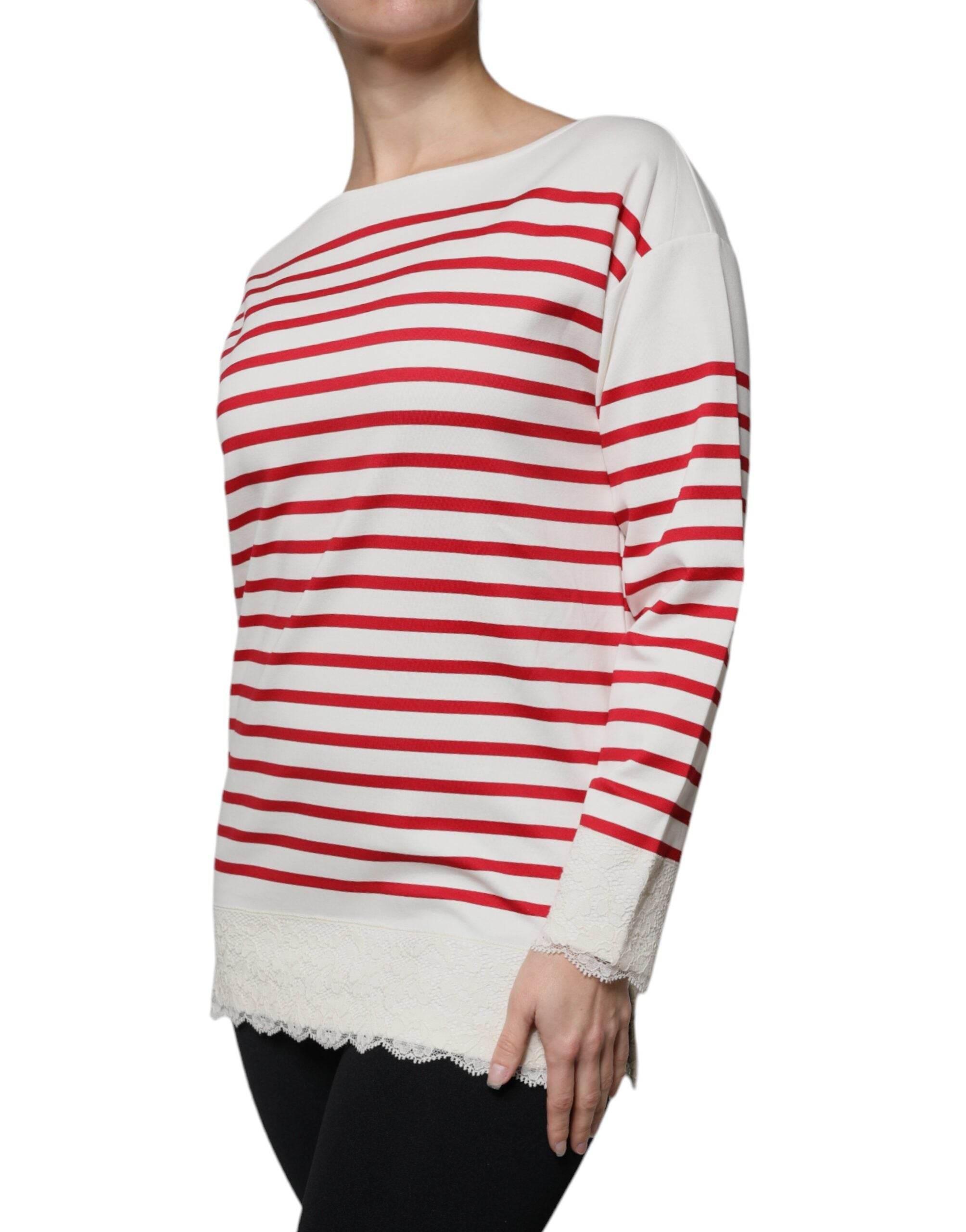 Dolce & Gabbana White Red Stripes Cotton Long Sleeves Top - Hilstor