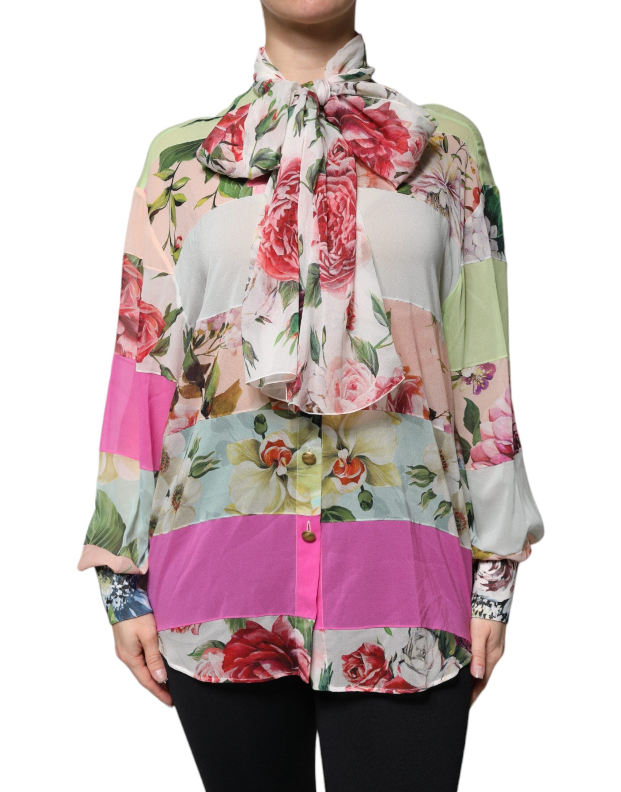 Dolce &amp; Gabbana Multicolor Floral Patchwork Ascot Collar Top